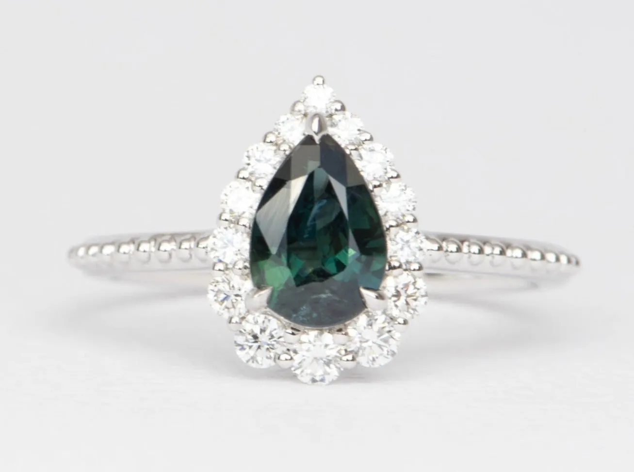 1.14ct Teal Blue Nigerian Sapphire with Diamond Halo 14K White Gold Engagement Ring R6475