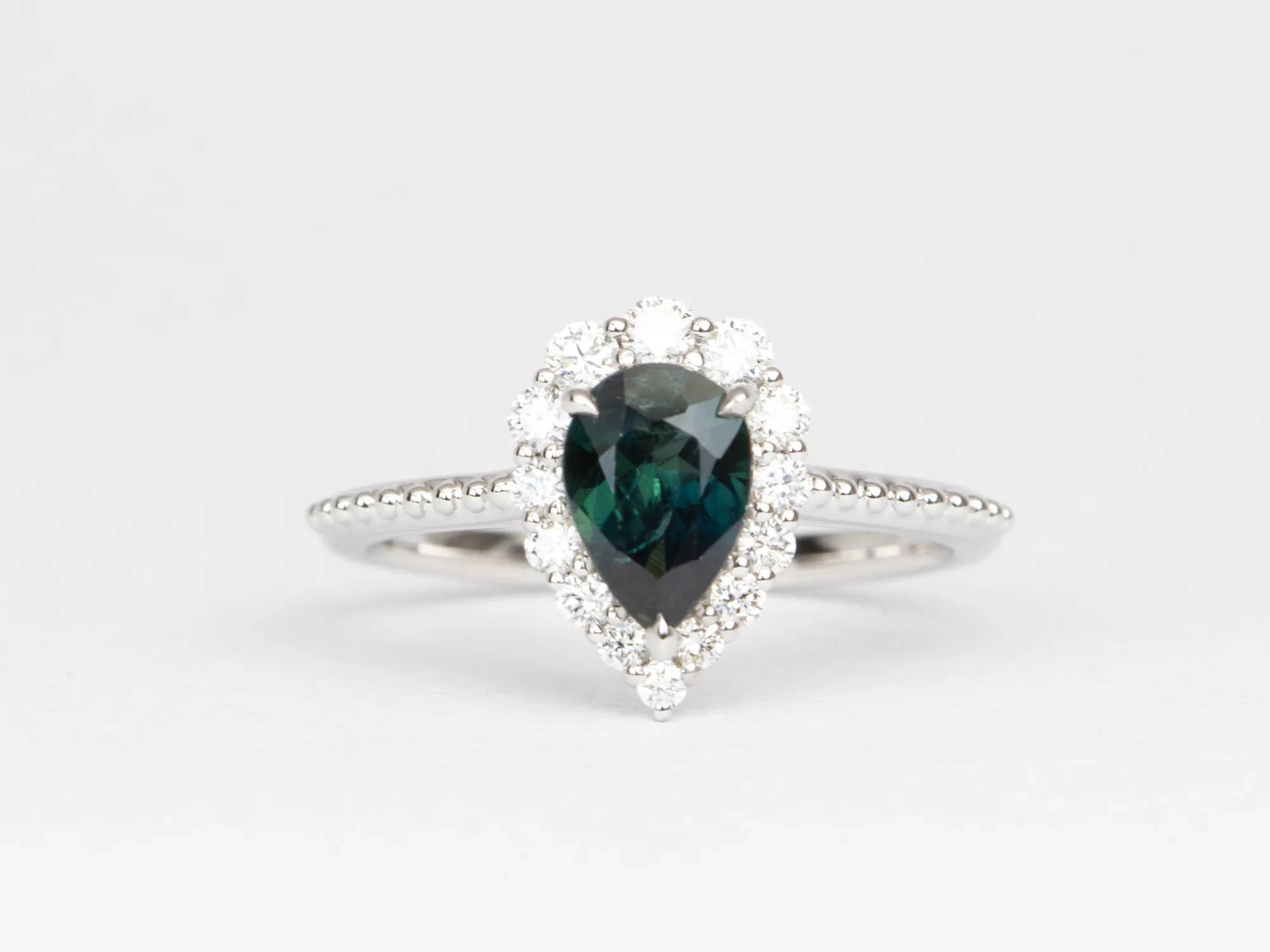 1.14ct Teal Blue Nigerian Sapphire with Diamond Halo 14K White Gold Engagement Ring R6475