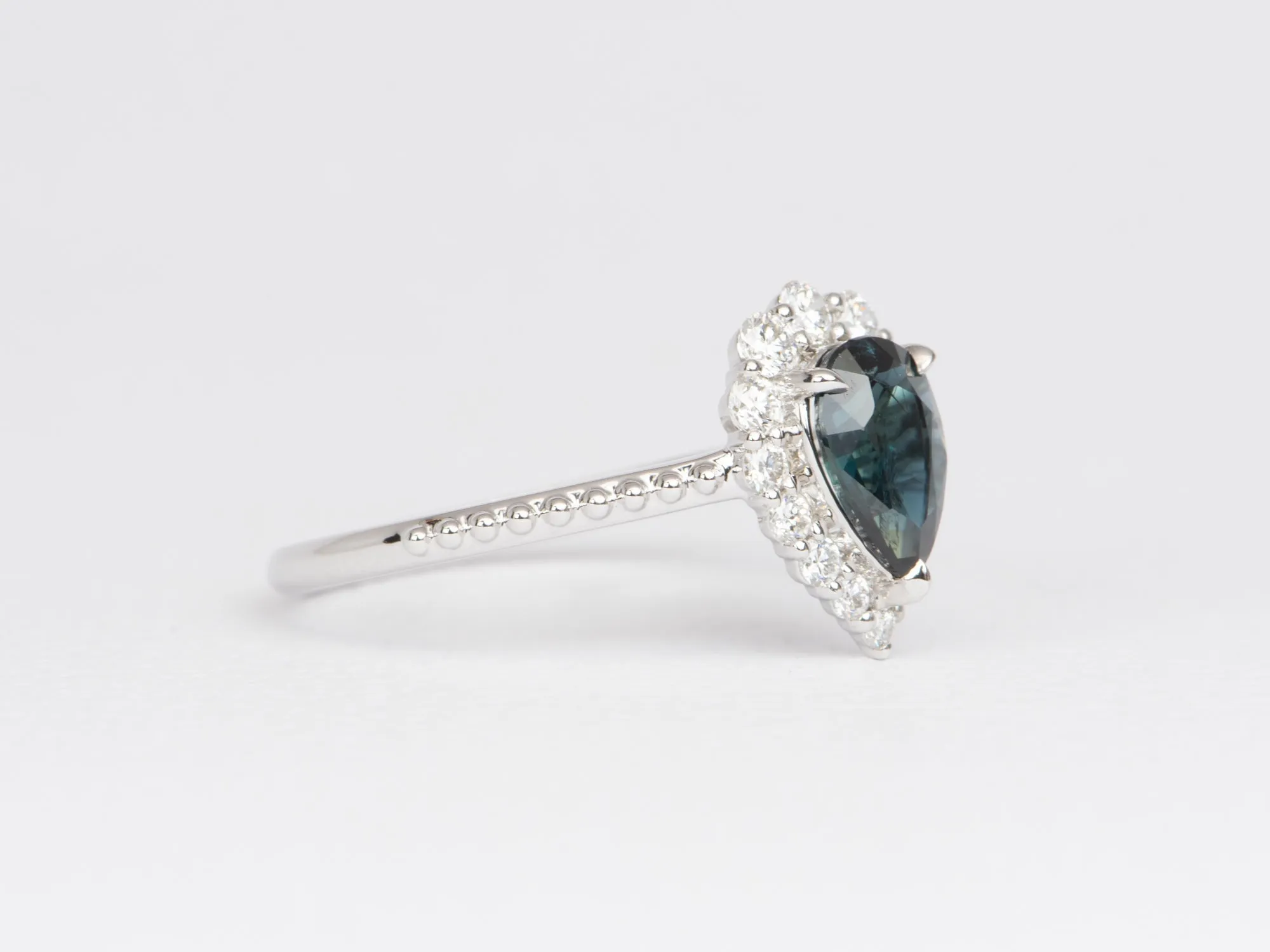 1.14ct Teal Blue Nigerian Sapphire with Diamond Halo 14K White Gold Engagement Ring R6475