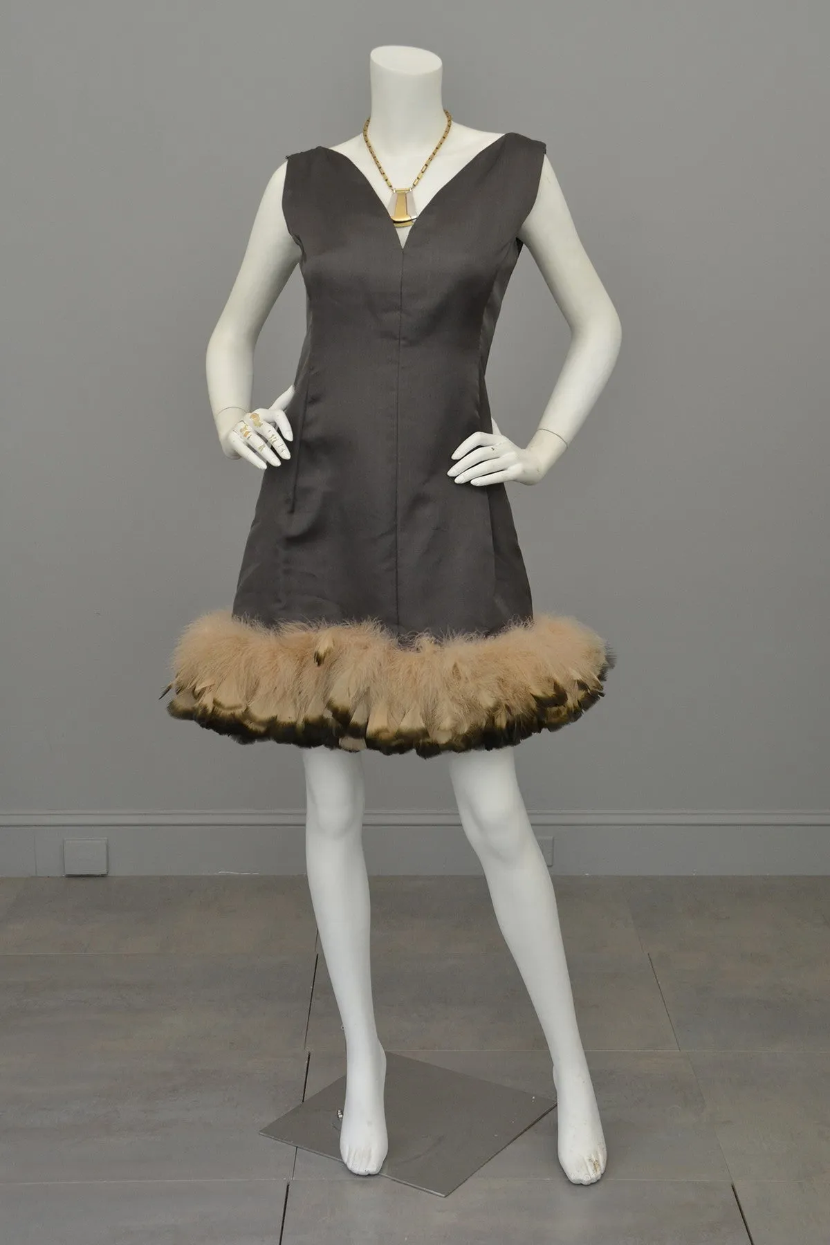 1960s Mocha Feather Trim MOD Mini Dress, Mad Men