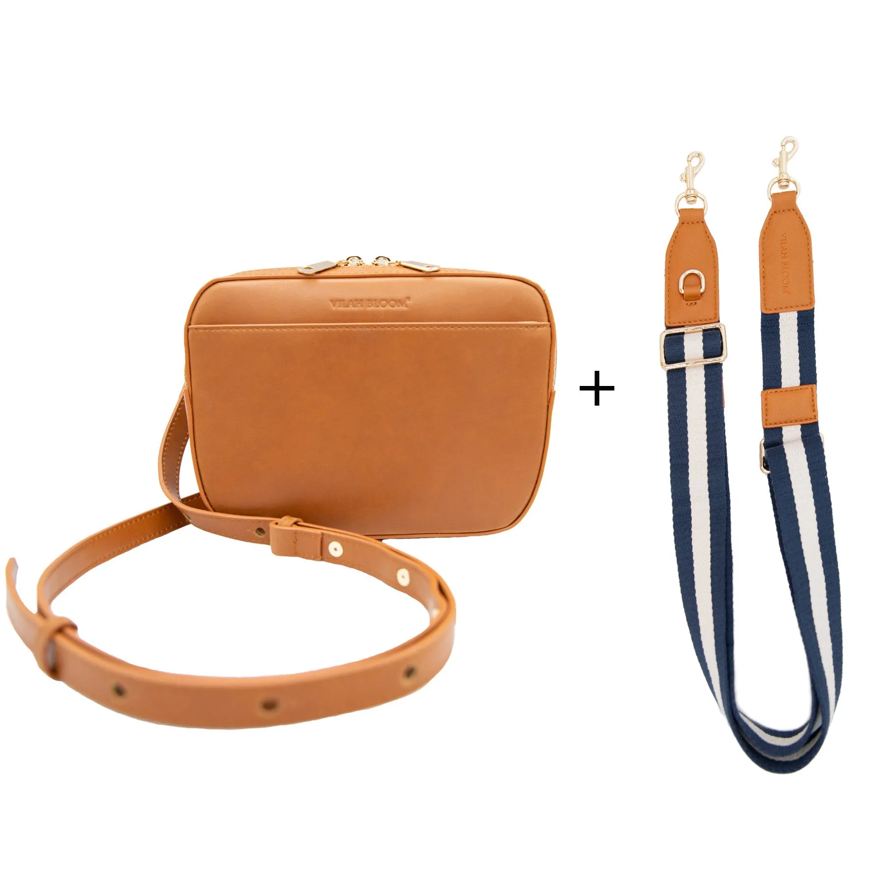 3-n-1 Crossbody- Cognac w/Navy & Cream Strap