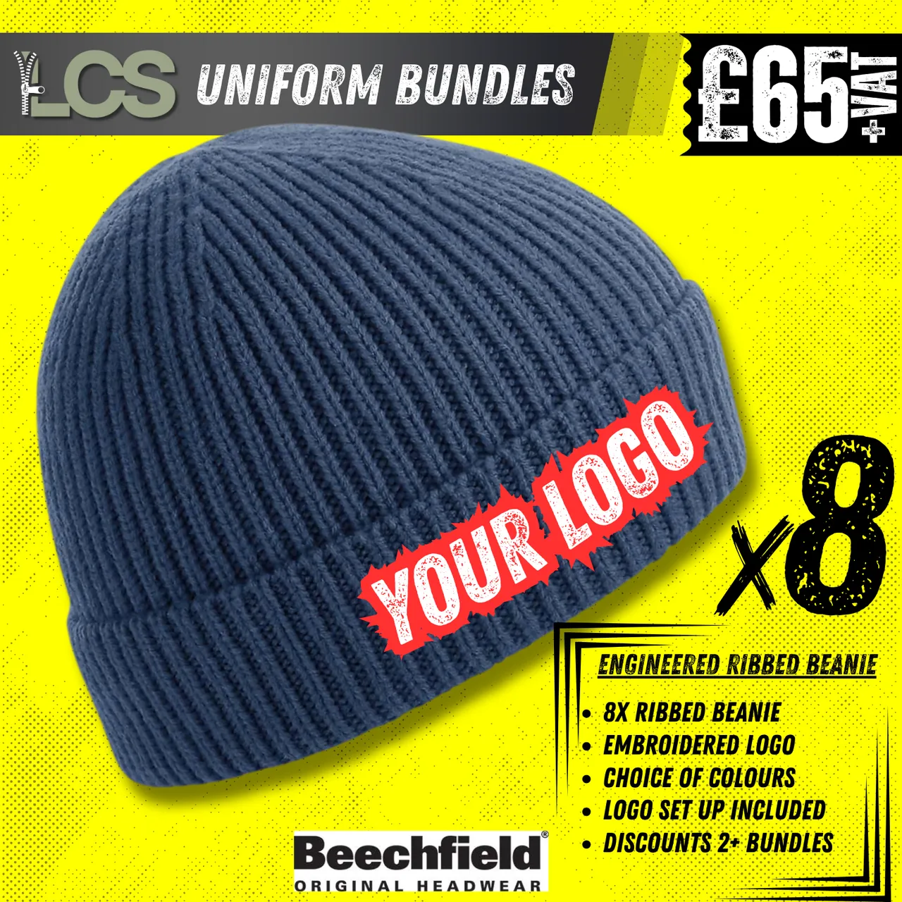 8x Engineered Ribbed Beanies With Embroidery