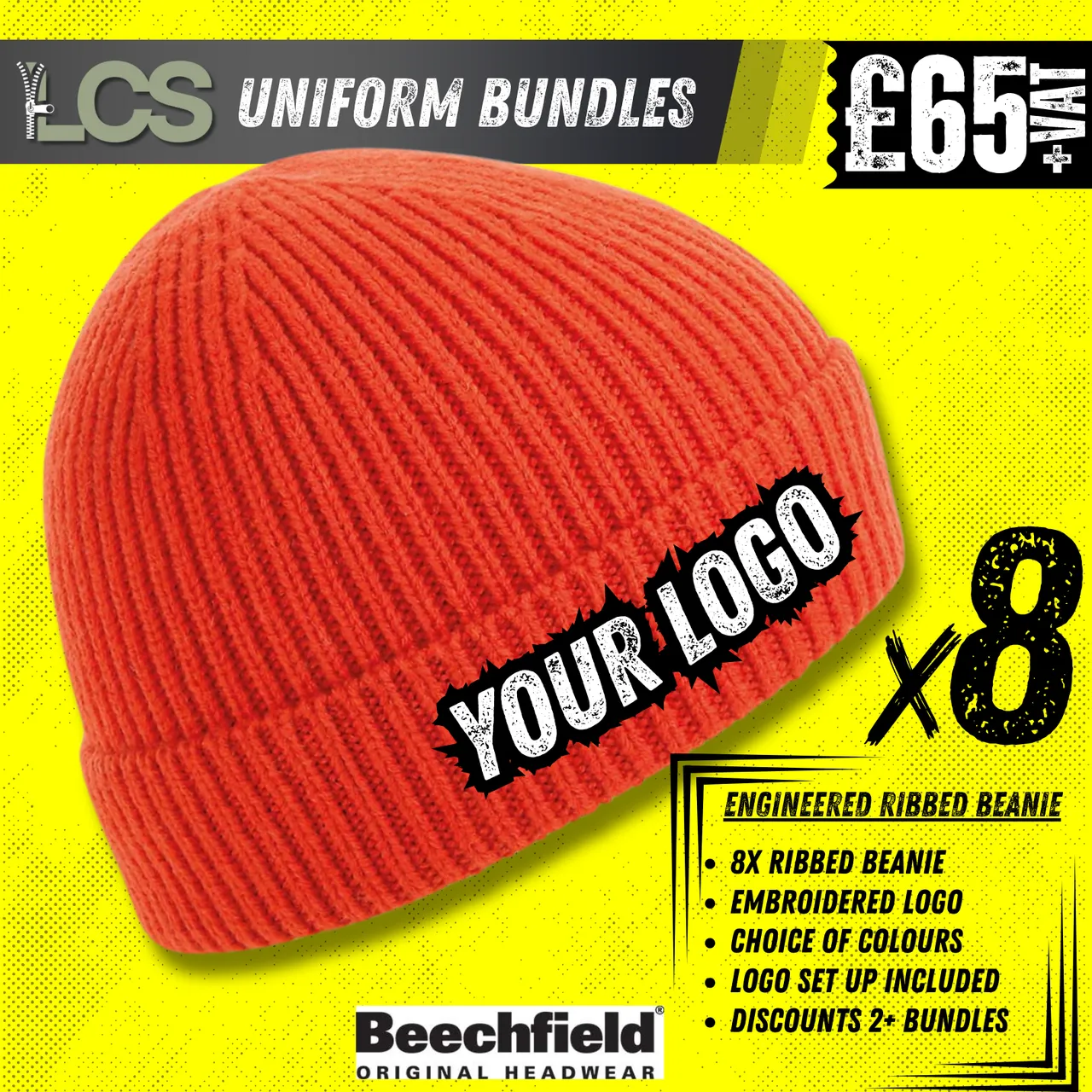 8x Engineered Ribbed Beanies With Embroidery