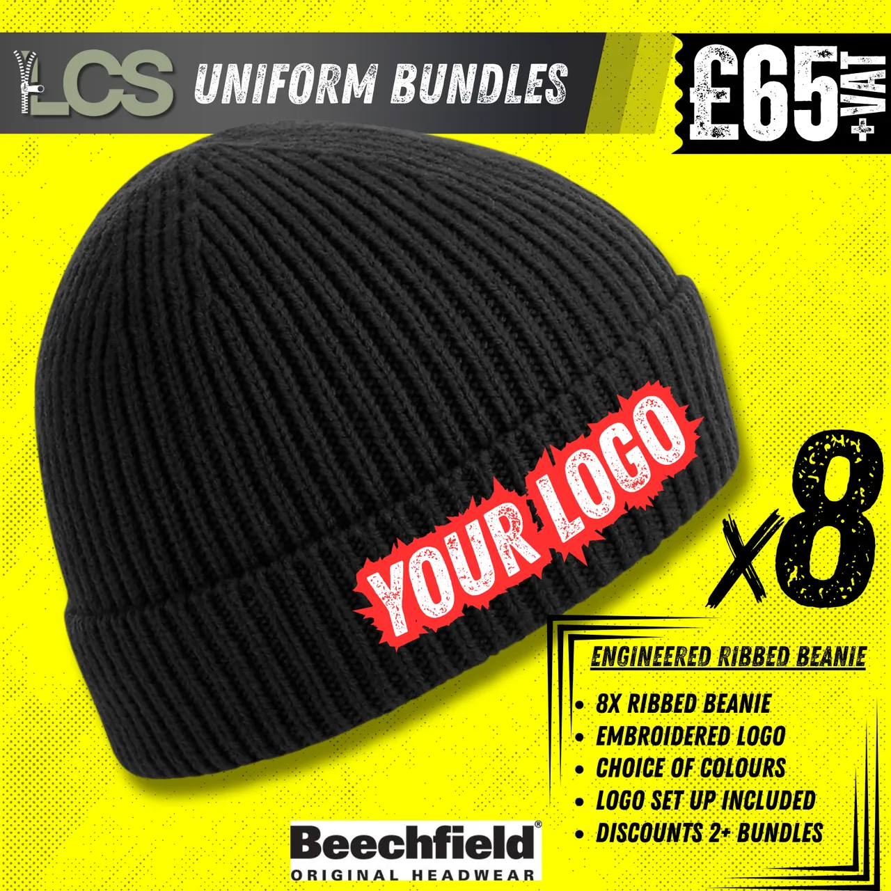 8x Engineered Ribbed Beanies With Embroidery