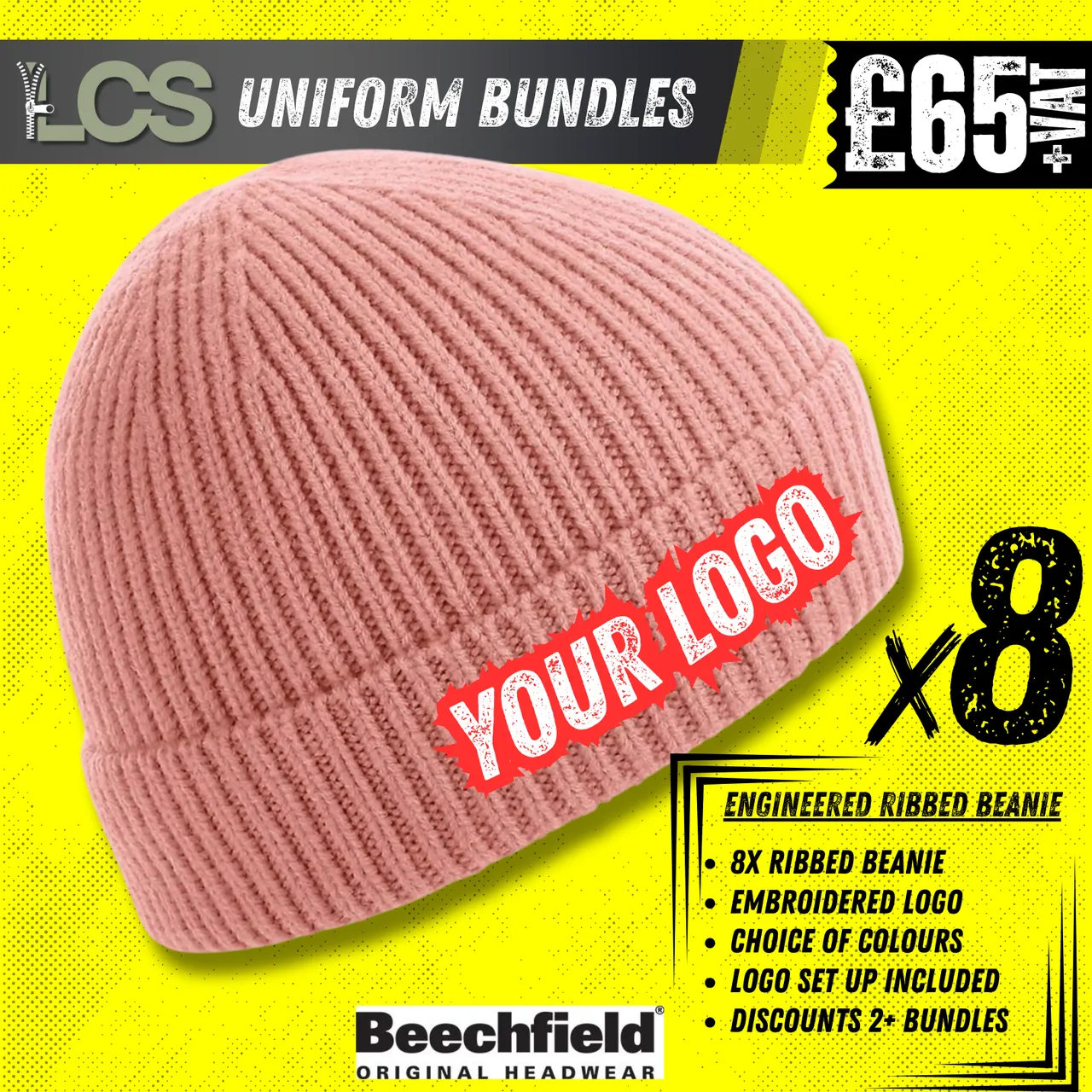 8x Engineered Ribbed Beanies With Embroidery