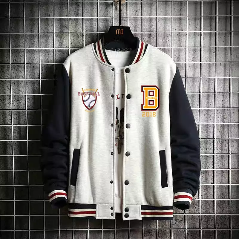 Ashore Shop New Arrival Letter Rib Sleeve Cotton Fashion Logo Single Breasted Casual Bomber Baseball Jacket Loose Cardigan Coat