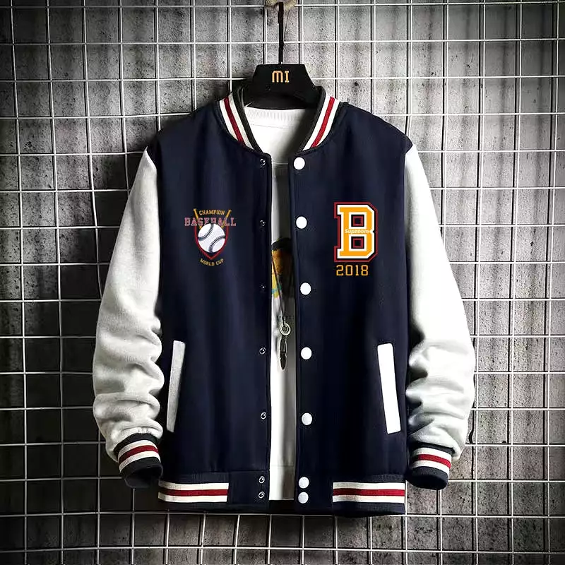 Ashore Shop New Arrival Letter Rib Sleeve Cotton Fashion Logo Single Breasted Casual Bomber Baseball Jacket Loose Cardigan Coat