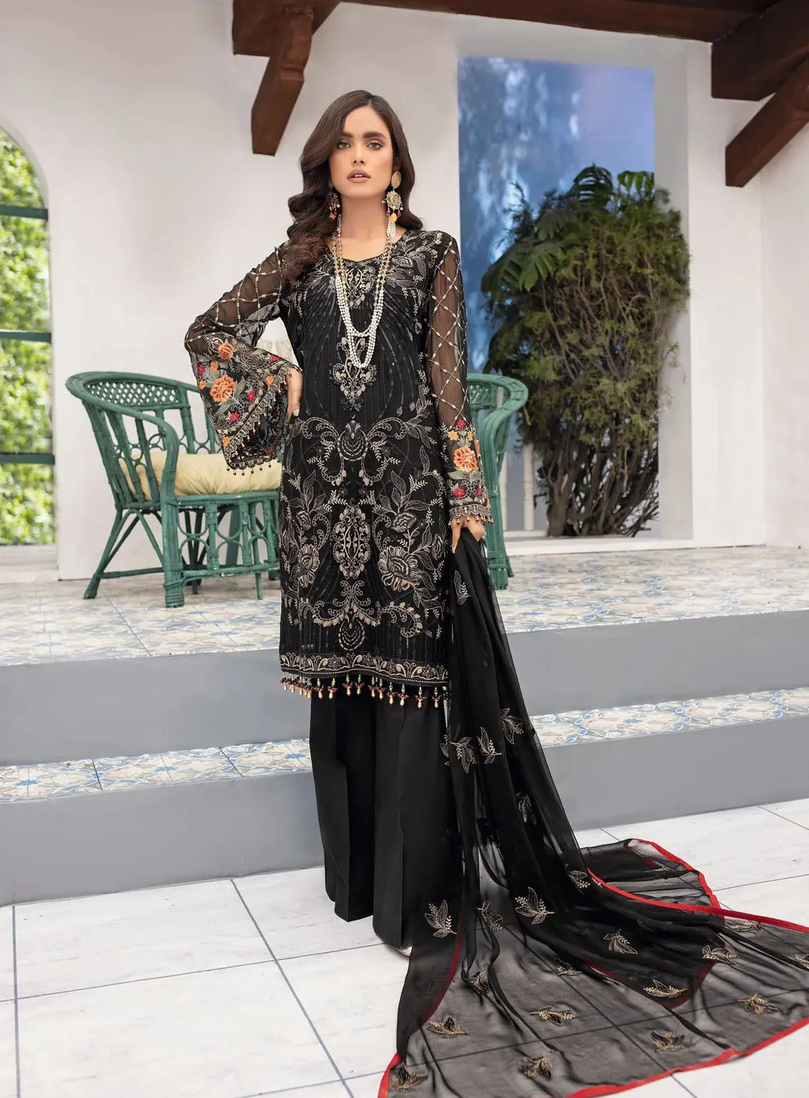 Best Of Flossie Luxury Embroidered Chiffon 3 Piece Unstitched Suit FS24KK D-905