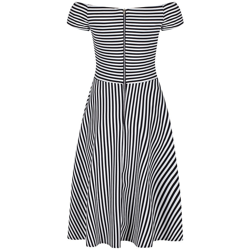 Black and White Vintage Striped Cap Sleeve Swing Dress