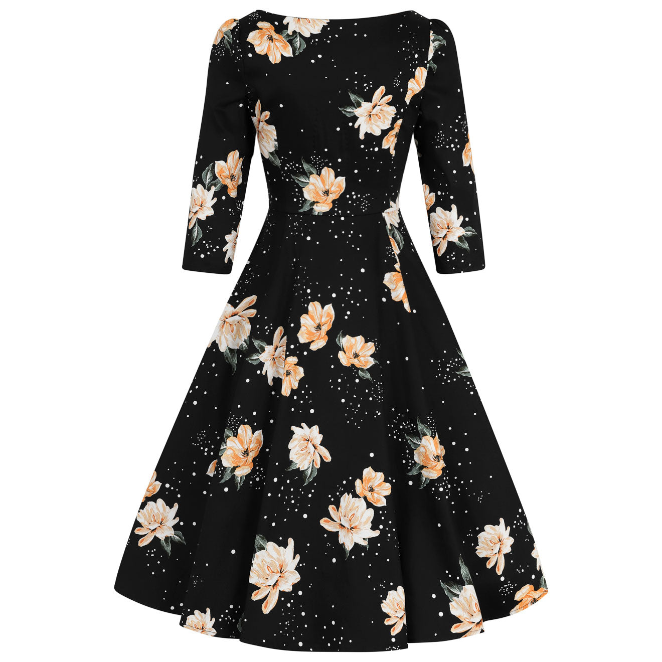 Black Floral Stardust 3/4 Sleeve Vintage Swing Dress