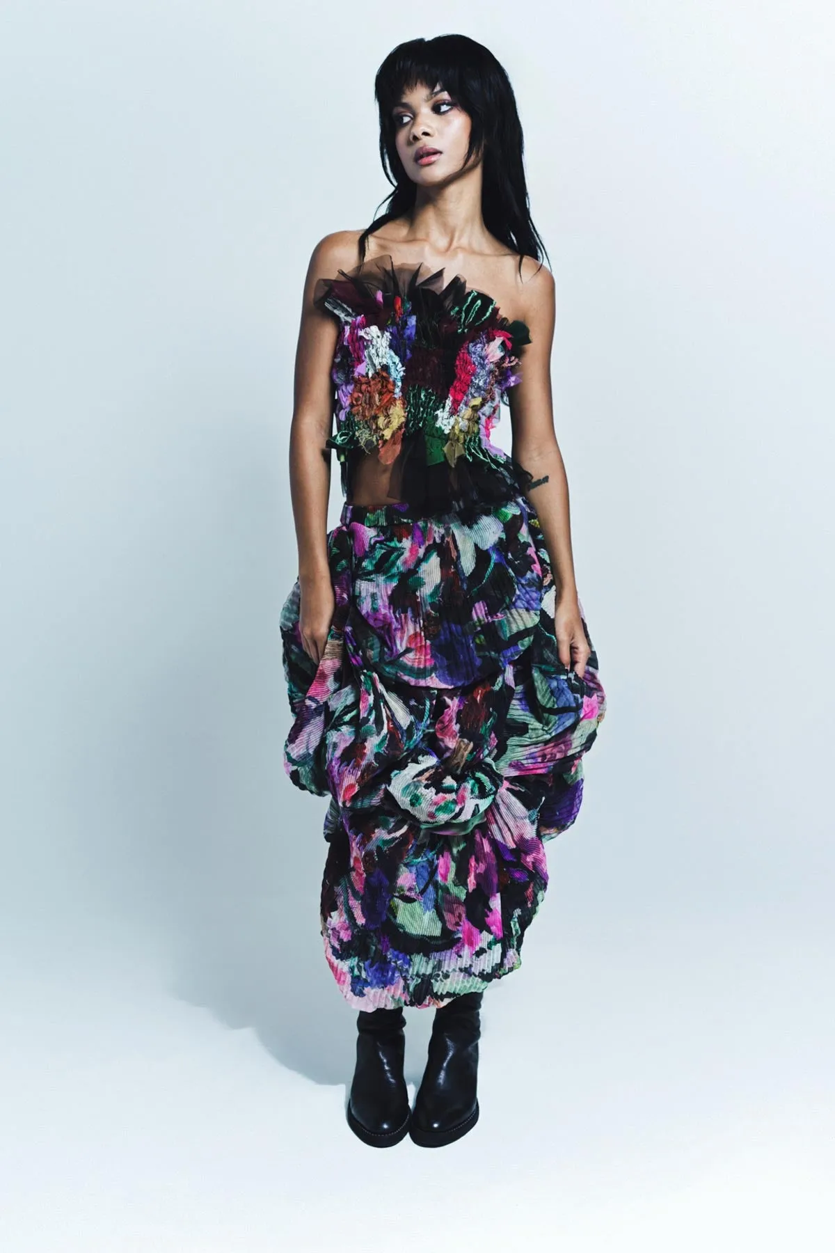 CAROLINE HU | FLOWER PRINT SEASHELL PLEATED SKIRT