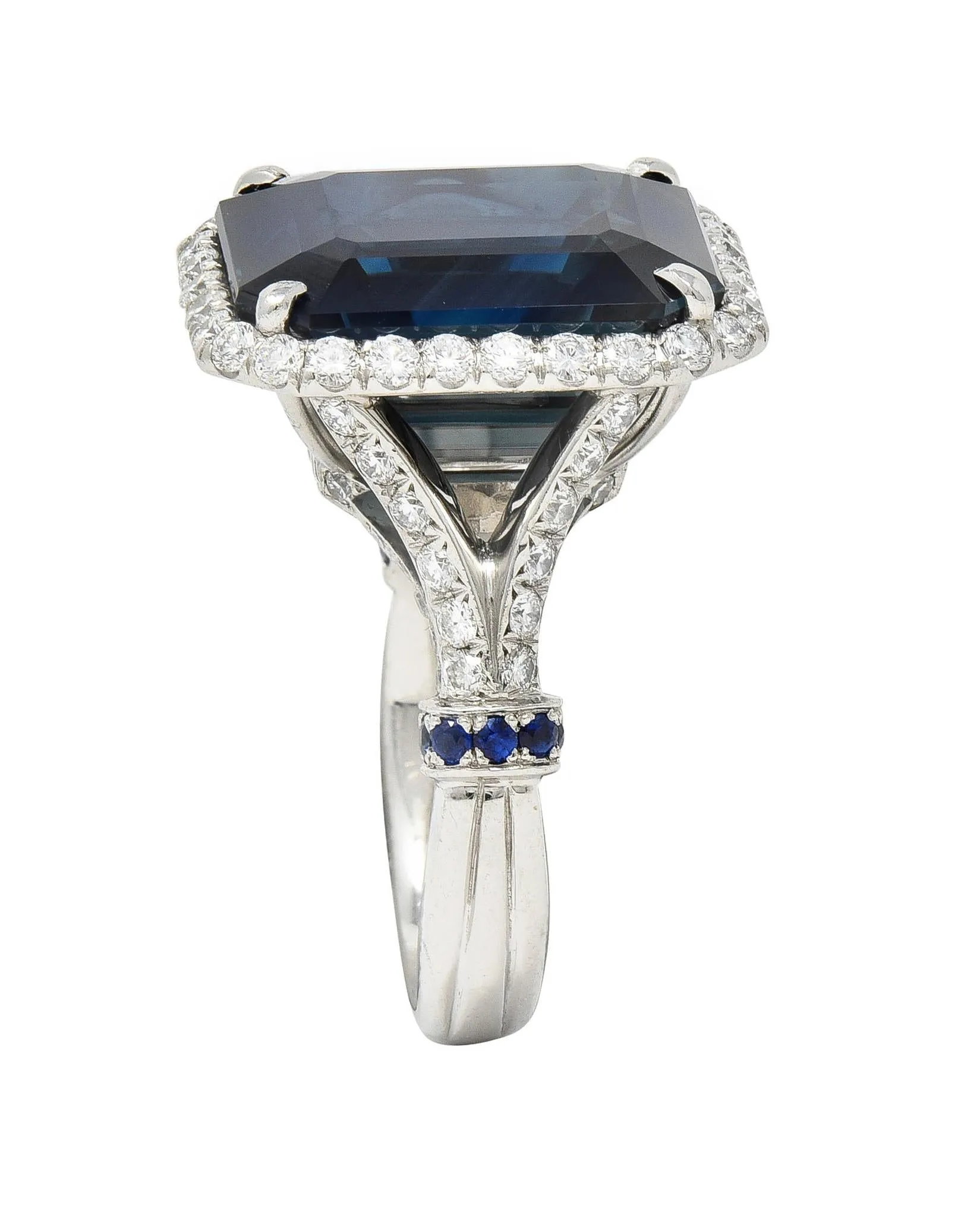 Contemporary 20.95 CTW Emerald Cut Sapphire Diamond Platinum Halo Ring AGL