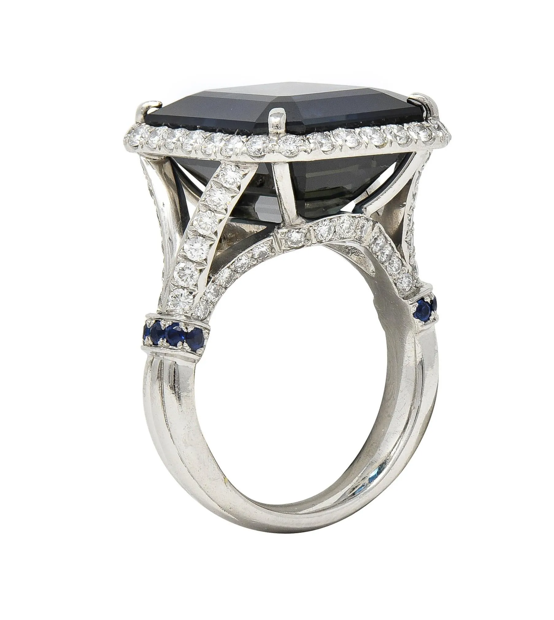 Contemporary 20.95 CTW Emerald Cut Sapphire Diamond Platinum Halo Ring AGL