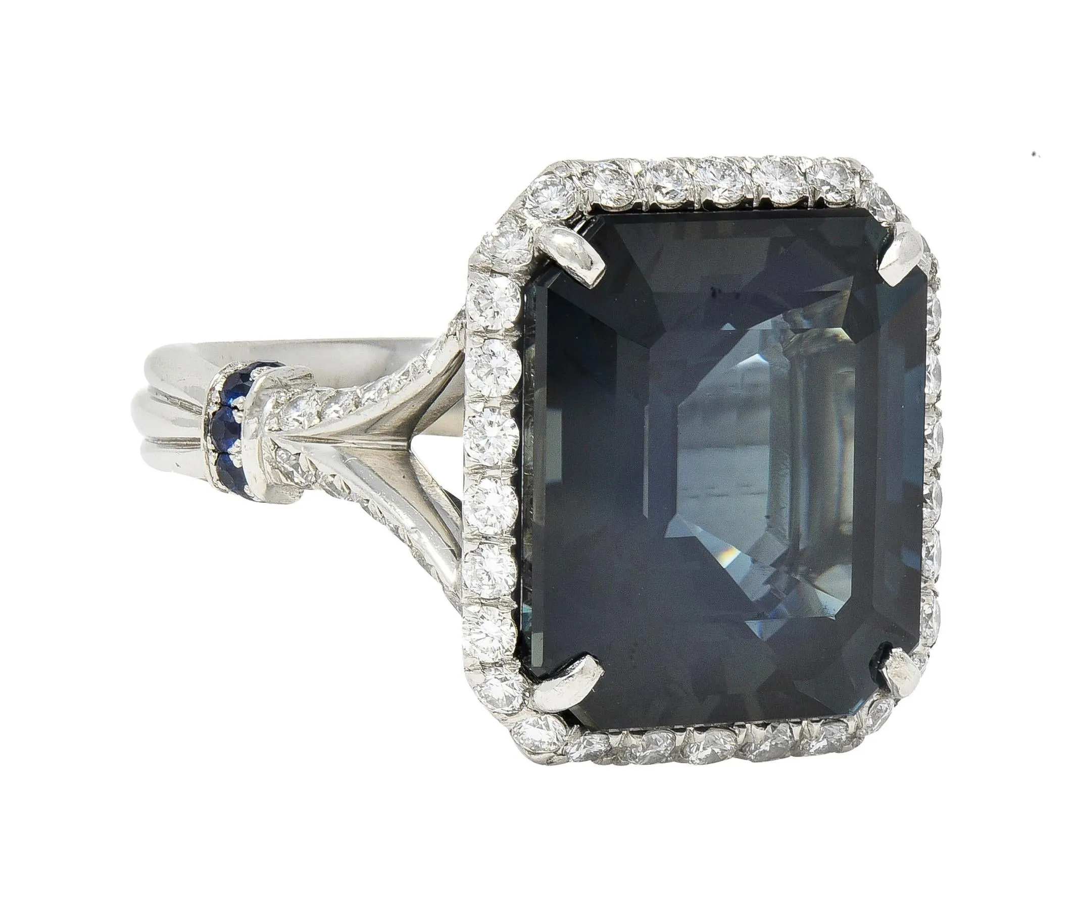 Contemporary 20.95 CTW Emerald Cut Sapphire Diamond Platinum Halo Ring AGL