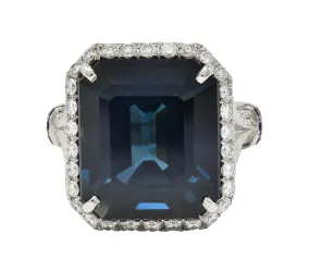 Contemporary 20.95 CTW Emerald Cut Sapphire Diamond Platinum Halo Ring AGL