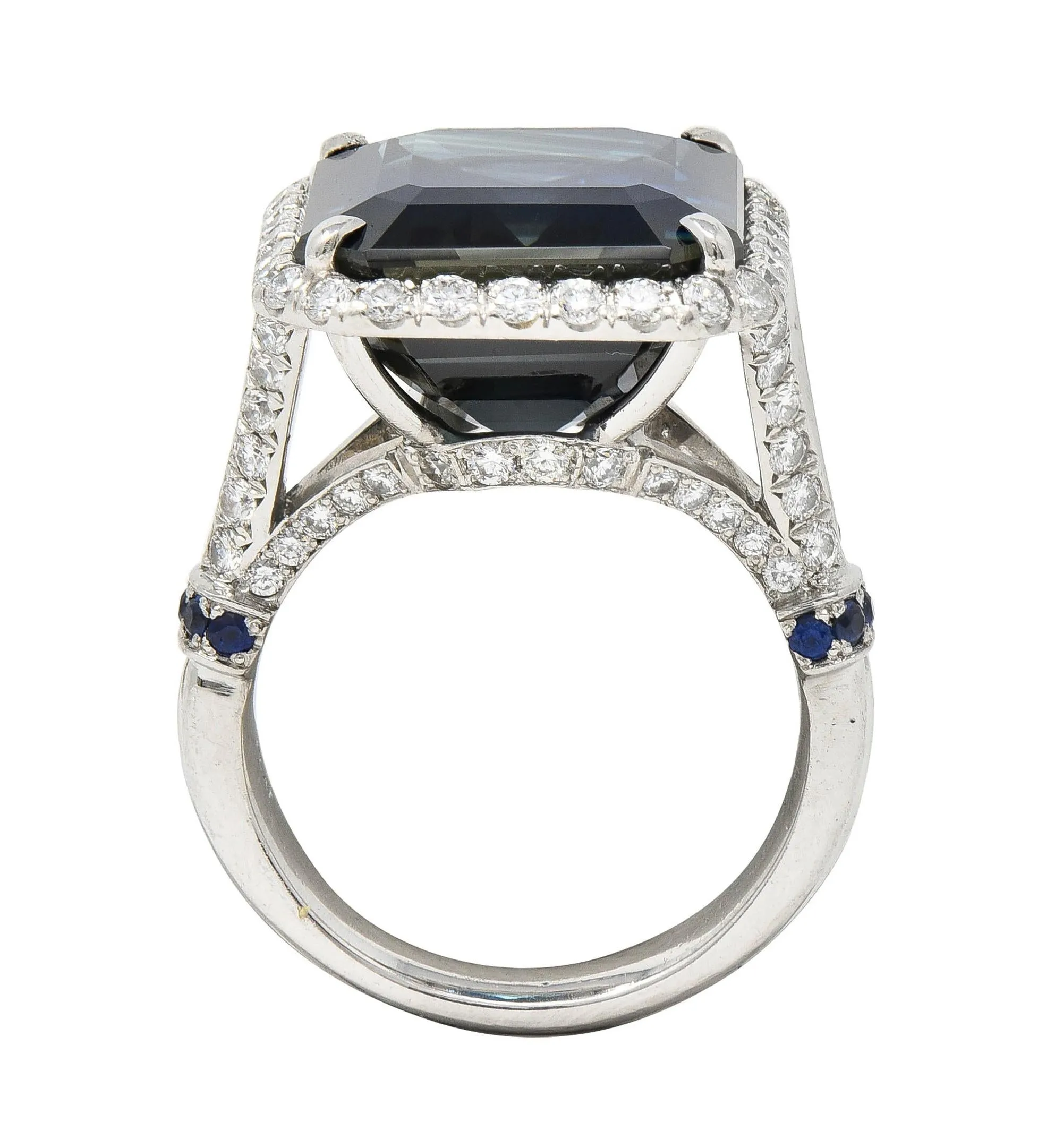 Contemporary 20.95 CTW Emerald Cut Sapphire Diamond Platinum Halo Ring AGL