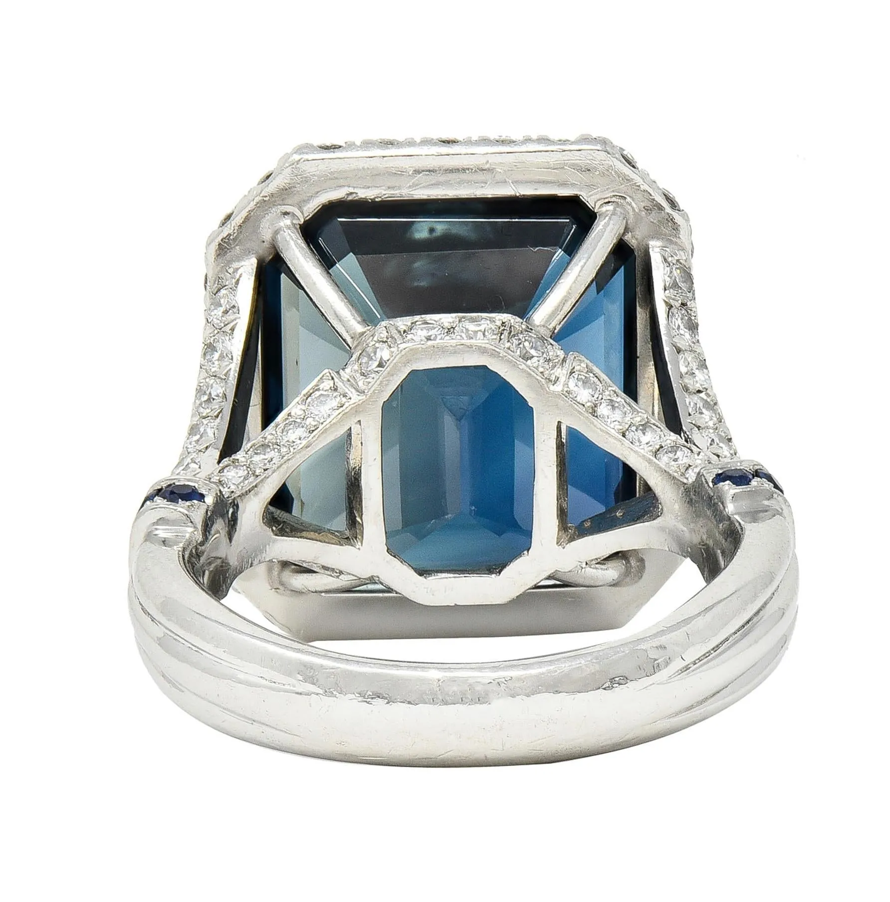 Contemporary 20.95 CTW Emerald Cut Sapphire Diamond Platinum Halo Ring AGL