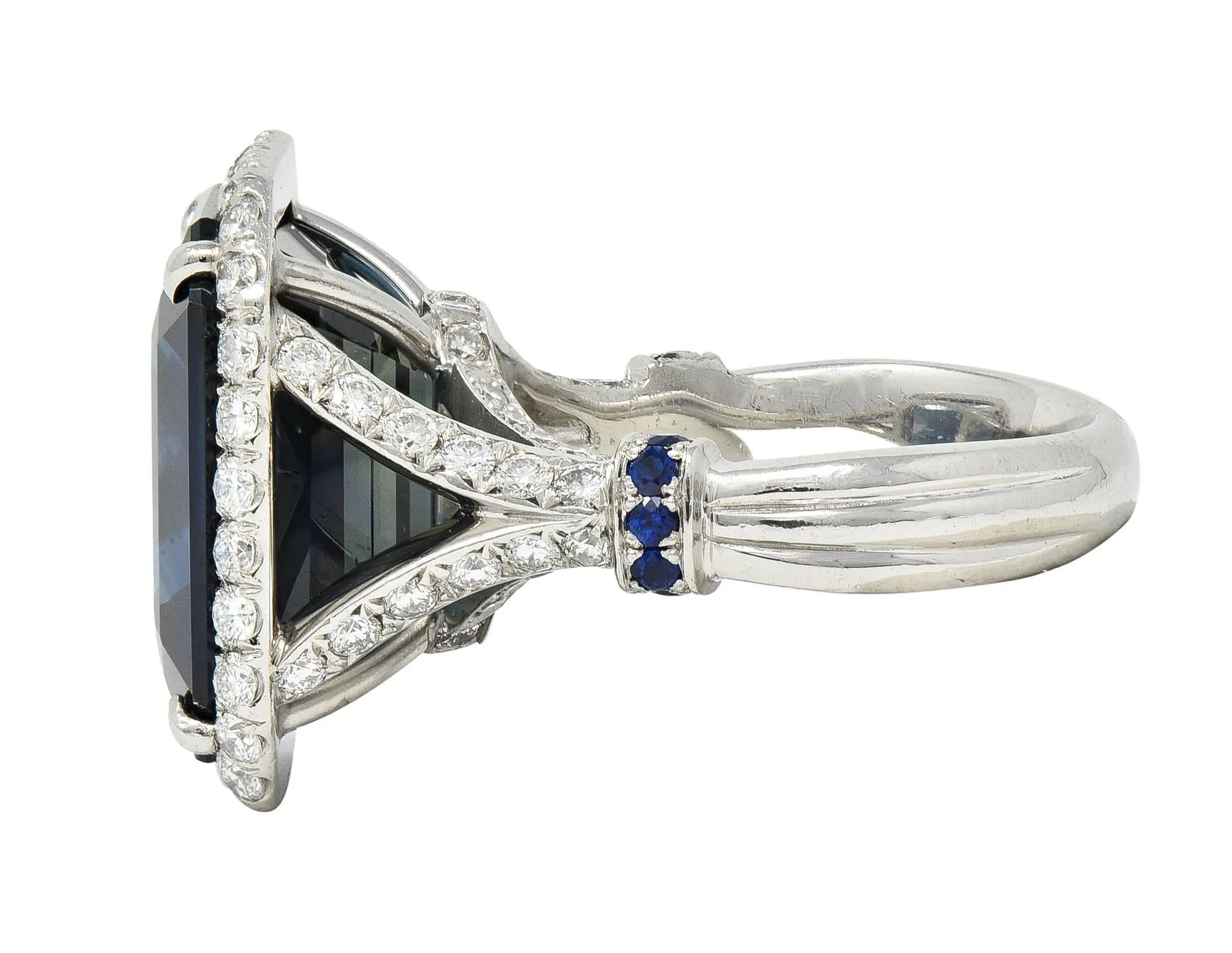 Contemporary 20.95 CTW Emerald Cut Sapphire Diamond Platinum Halo Ring AGL