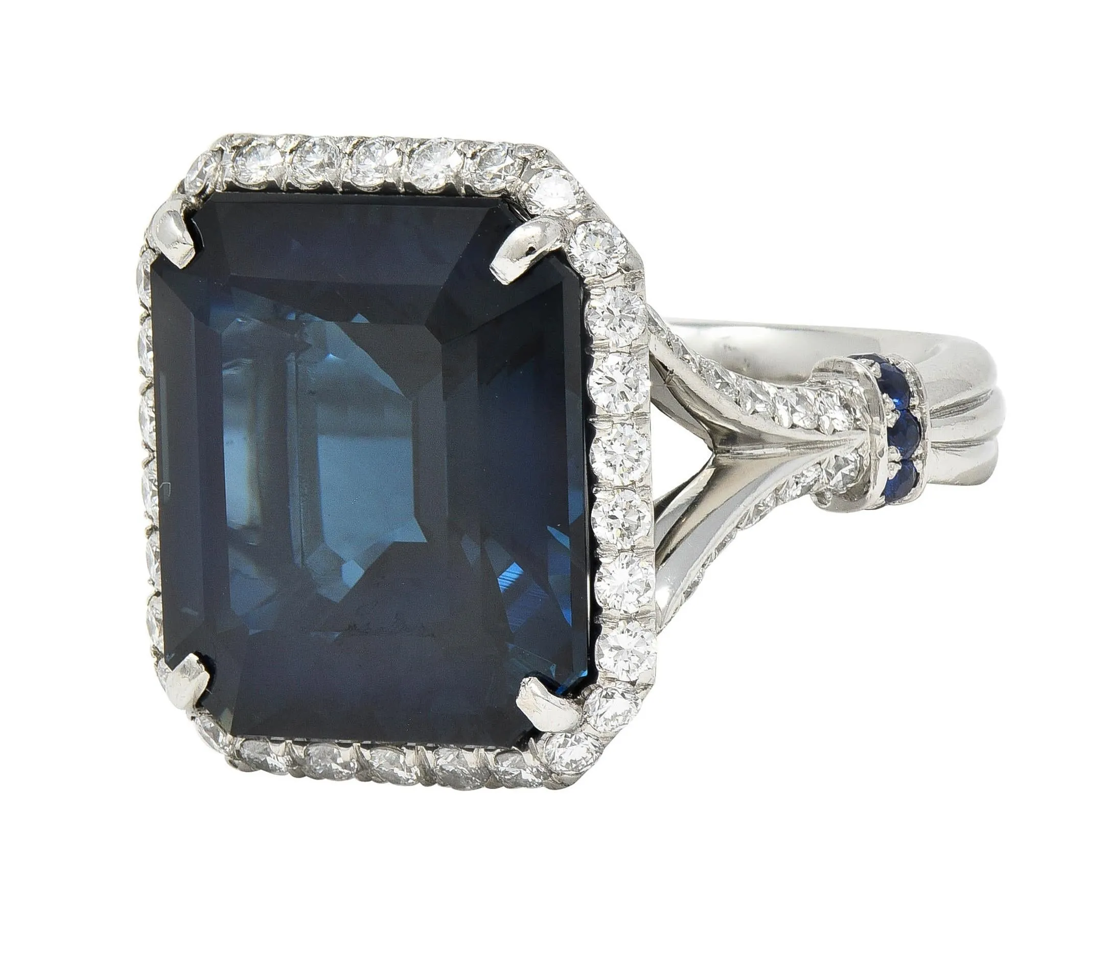 Contemporary 20.95 CTW Emerald Cut Sapphire Diamond Platinum Halo Ring AGL