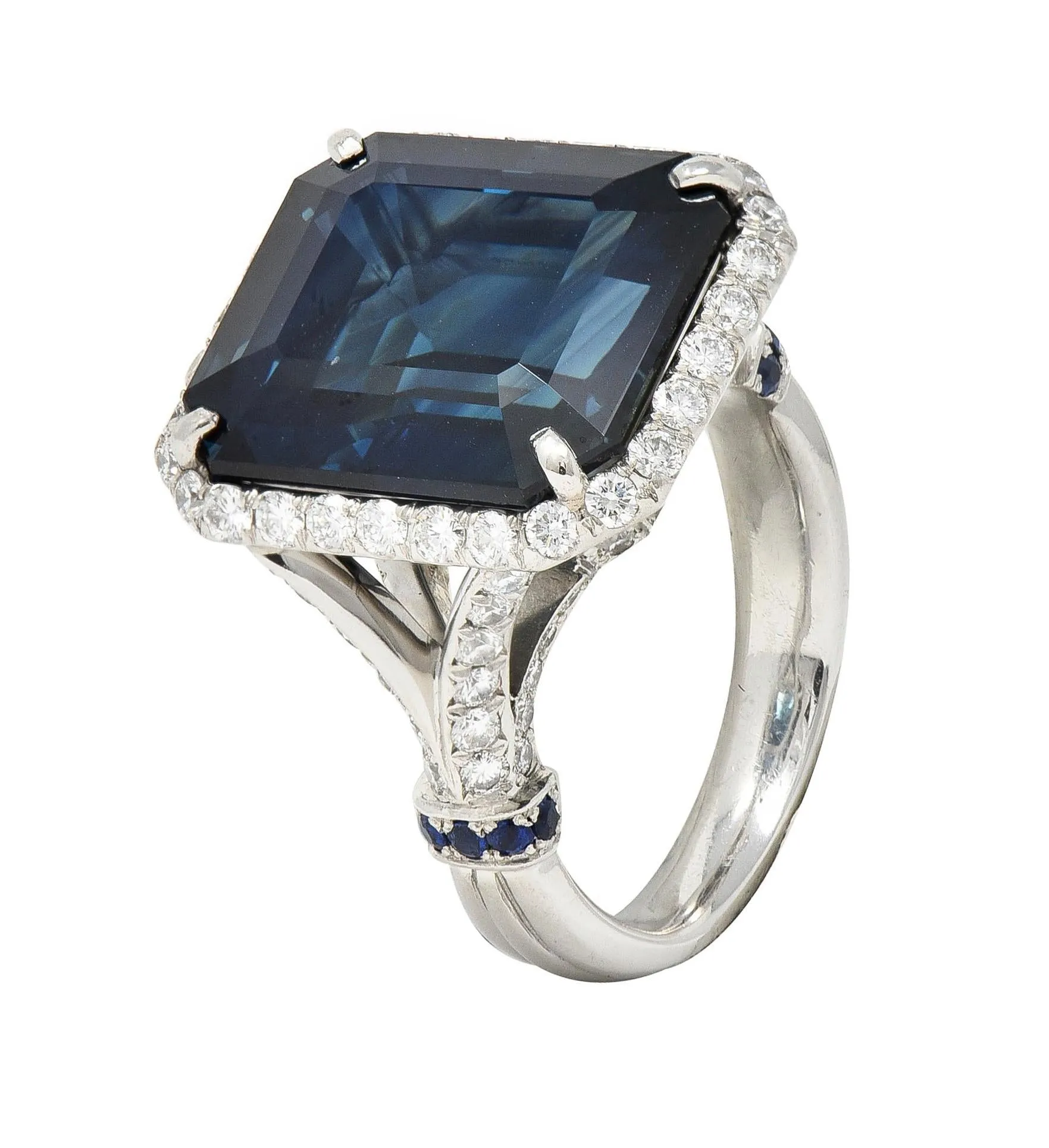 Contemporary 20.95 CTW Emerald Cut Sapphire Diamond Platinum Halo Ring AGL