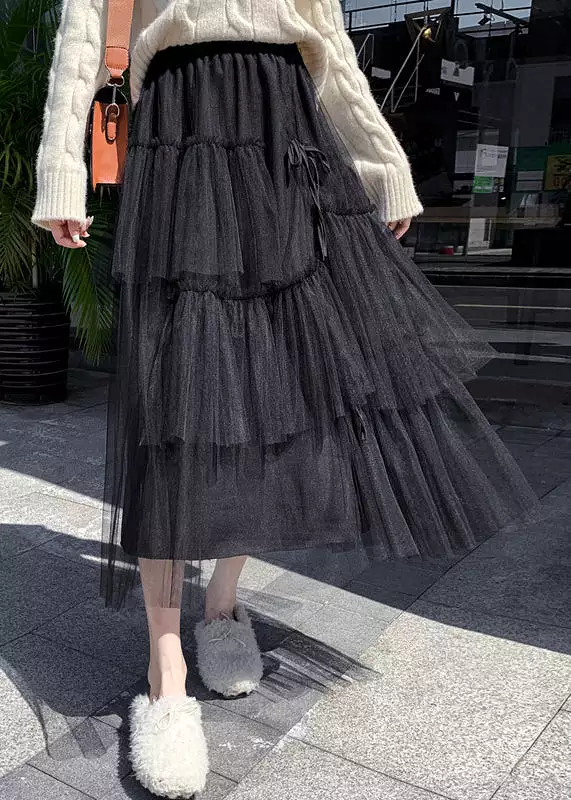 Elegant Black Ruffled High Waist Tulle Skirt Summer AS1067