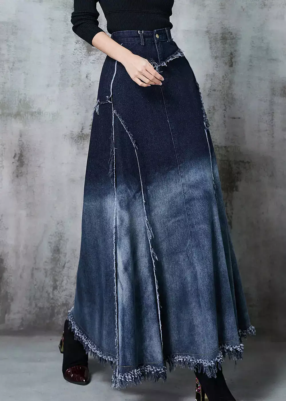 Elegant Gradient Color Patchwork Exra Large Hem Denim Skirt Spring JK1070