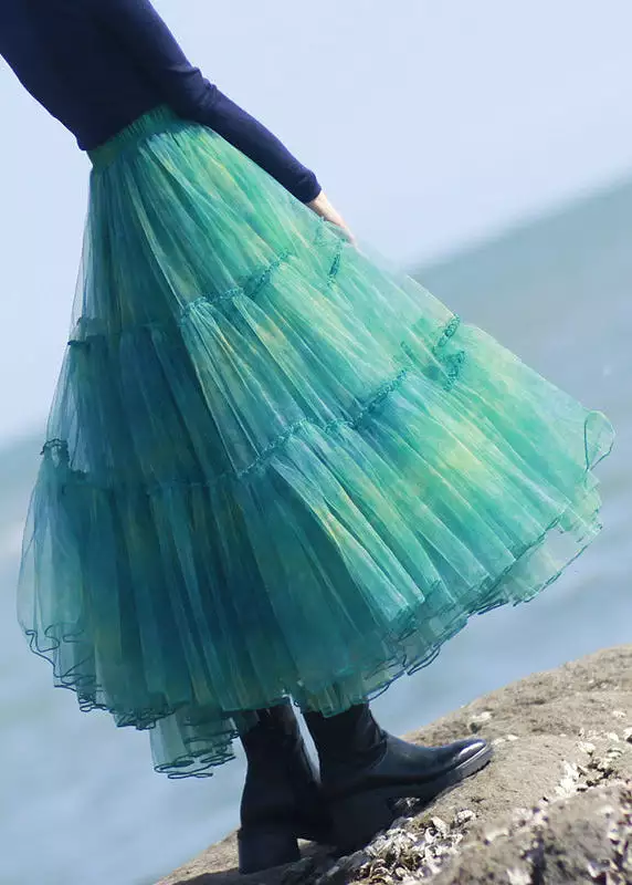 Elegant Green Ruffled Elastic Waist Tulle Skirt Spring AS1092