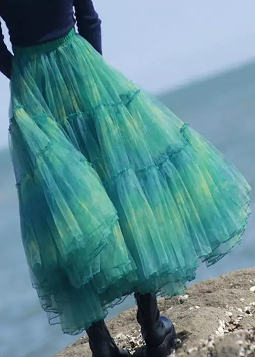 Elegant Green Ruffled Elastic Waist Tulle Skirt Spring AS1092