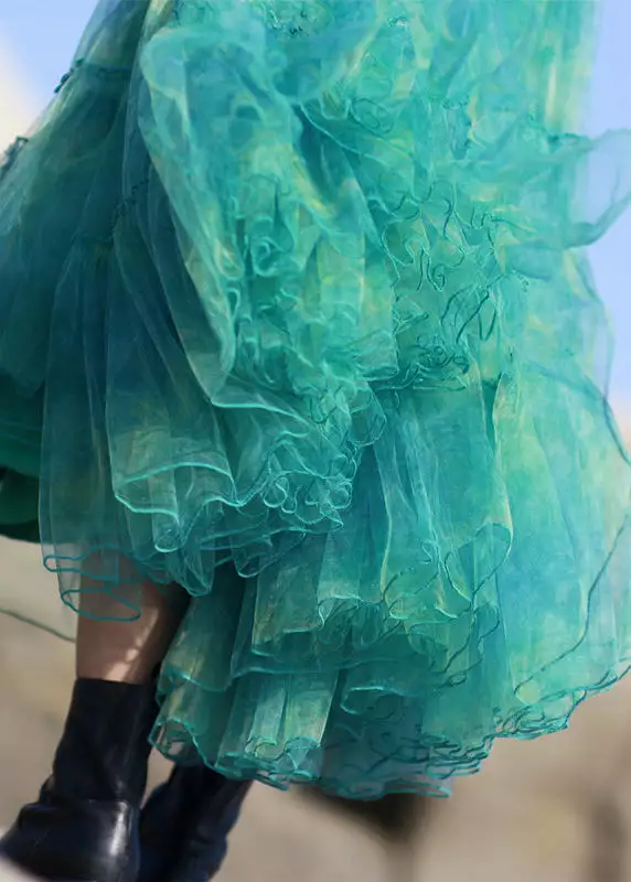 Elegant Green Ruffled Elastic Waist Tulle Skirt Spring AS1092