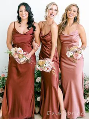 Elegant Spaghetti Straps Scoop Neck Sheath Satin Bridesmaid Dress with Side Slit customized, BG211