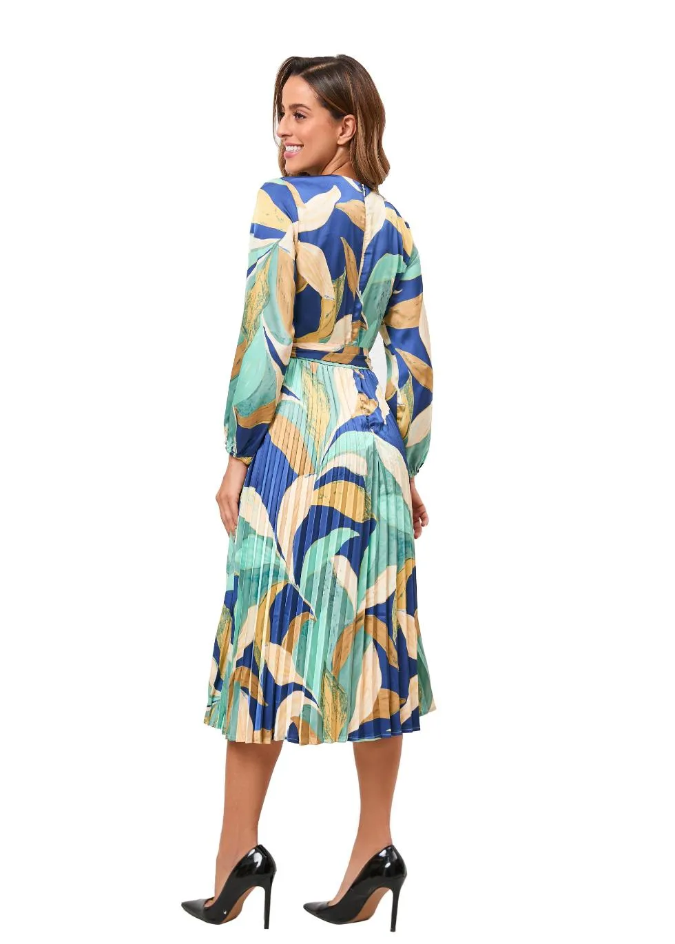 Feather Print Belted Midi Dress