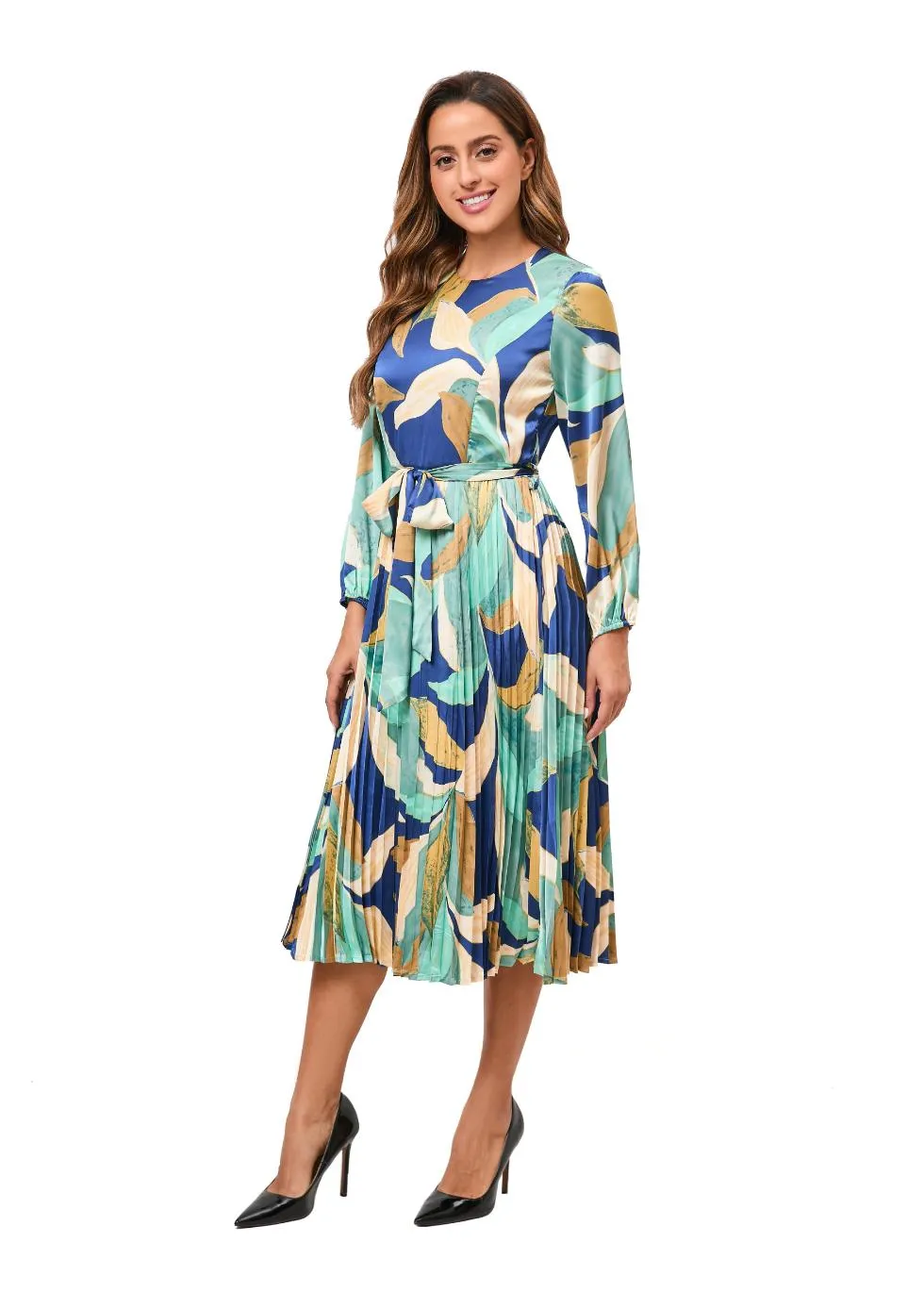 Feather Print Belted Midi Dress