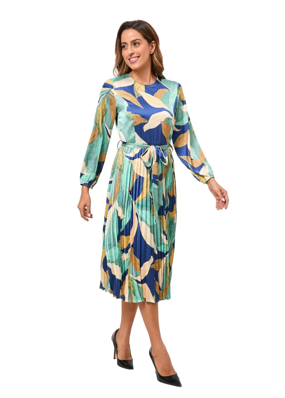 Feather Print Belted Midi Dress