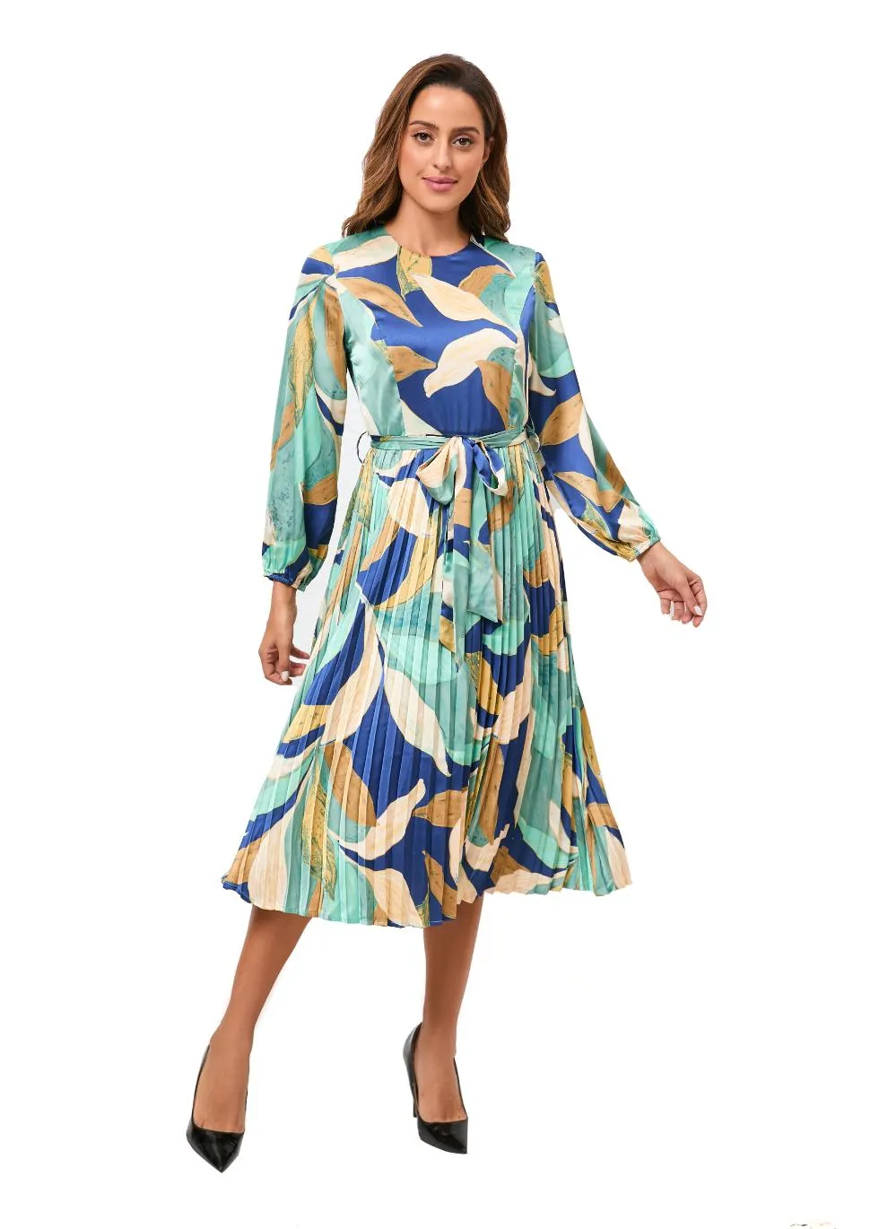 Feather Print Belted Midi Dress