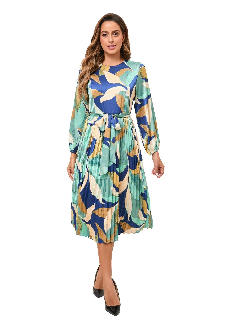 Feather Print Belted Midi Dress