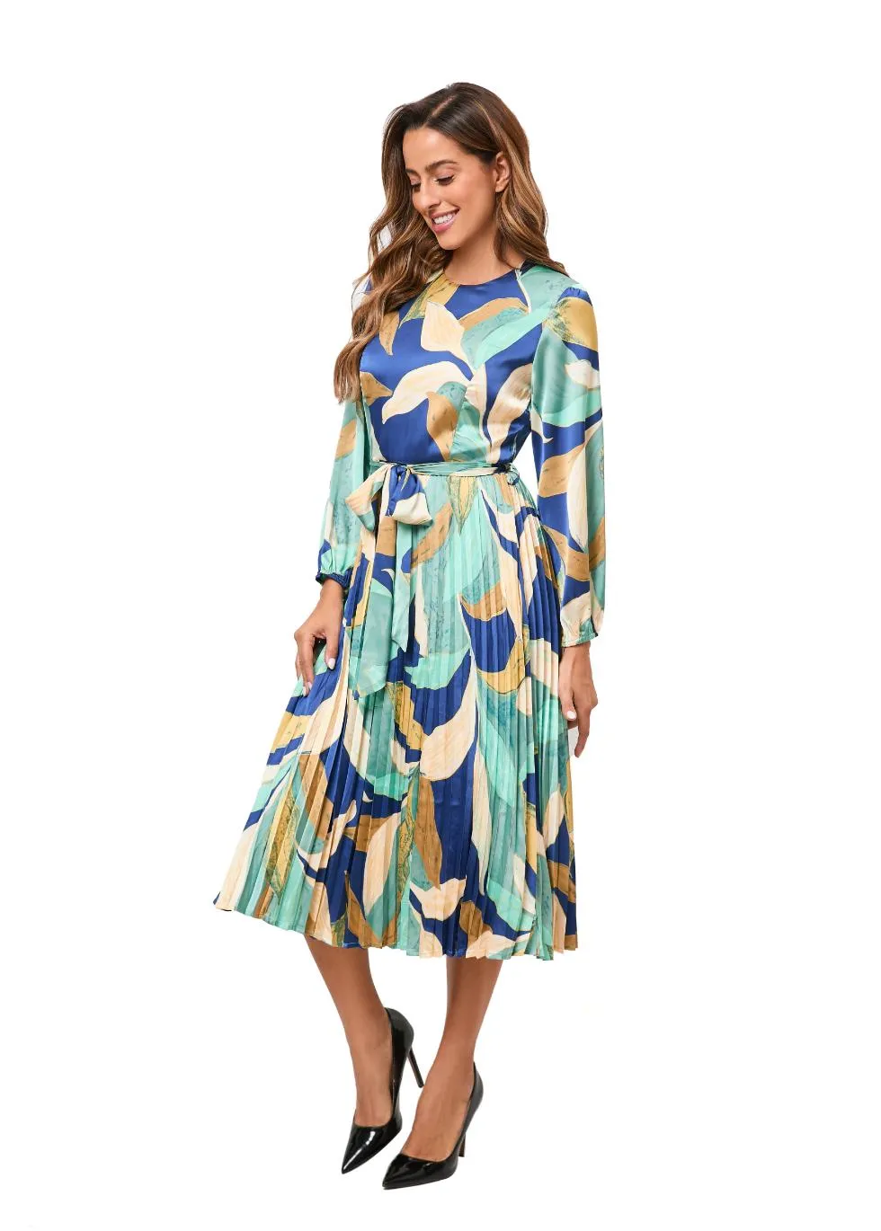 Feather Print Belted Midi Dress