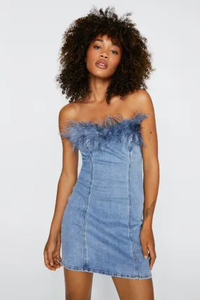 Feather Trim Denim Bandeau Mini Dress 