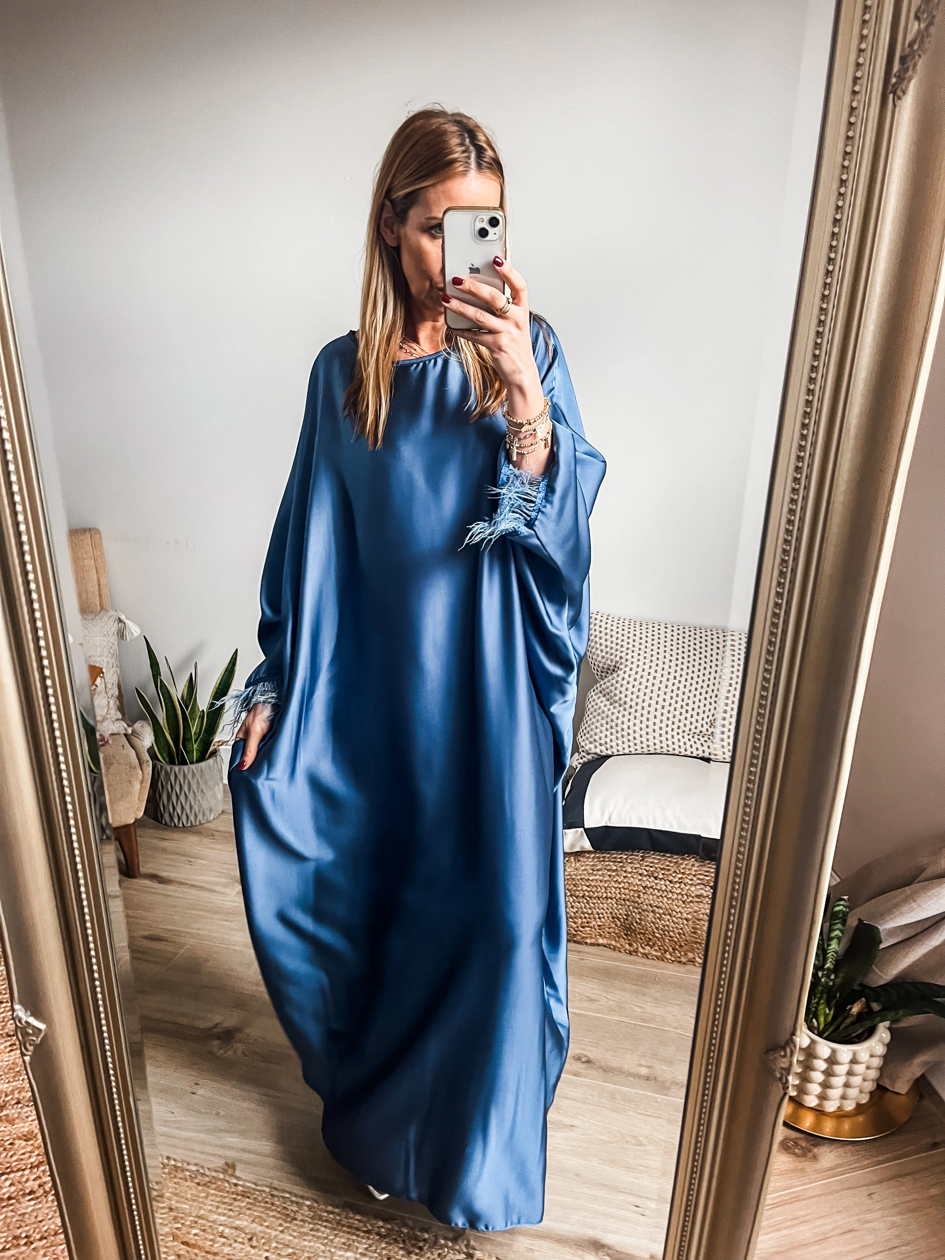 Feather Trim Satin Kaftan Maxi Dress