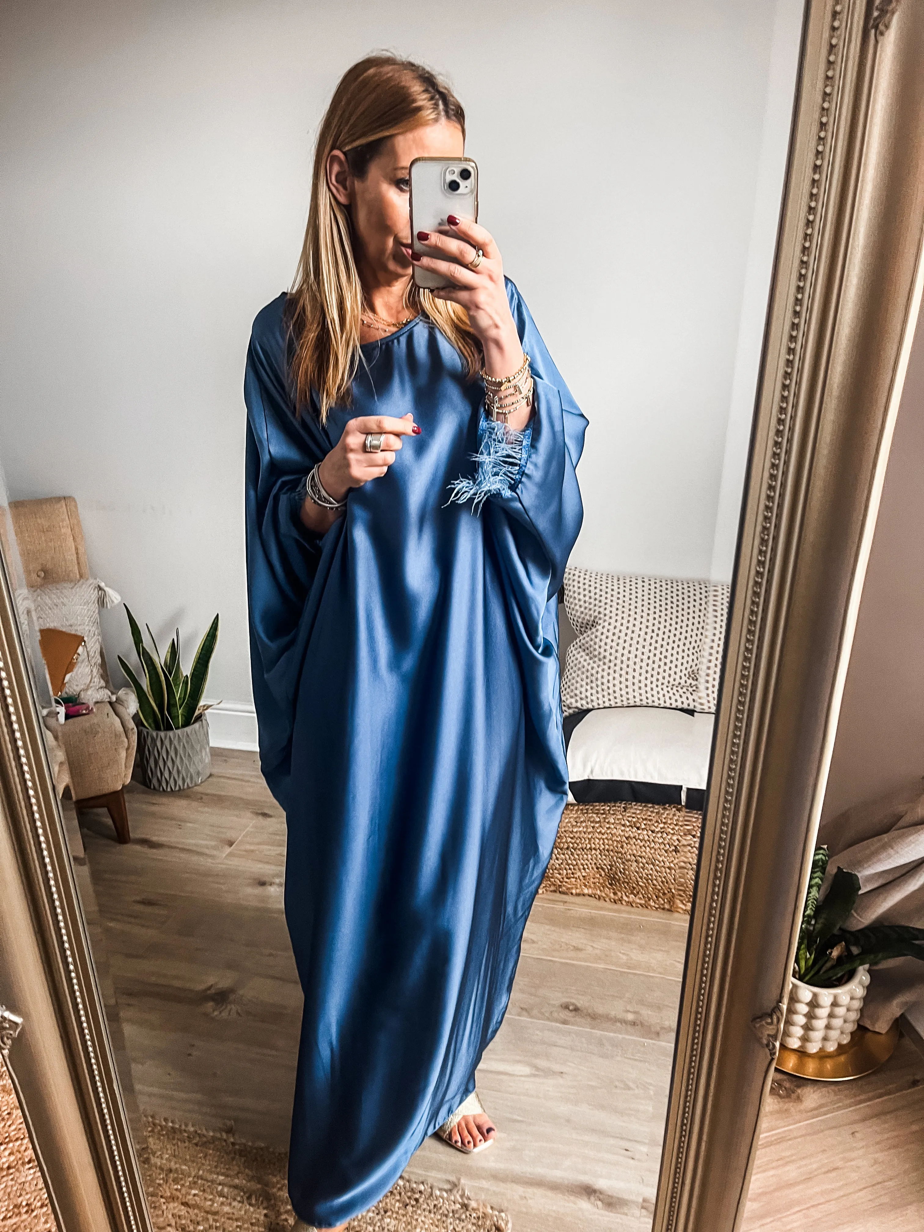 Feather Trim Satin Kaftan Maxi Dress