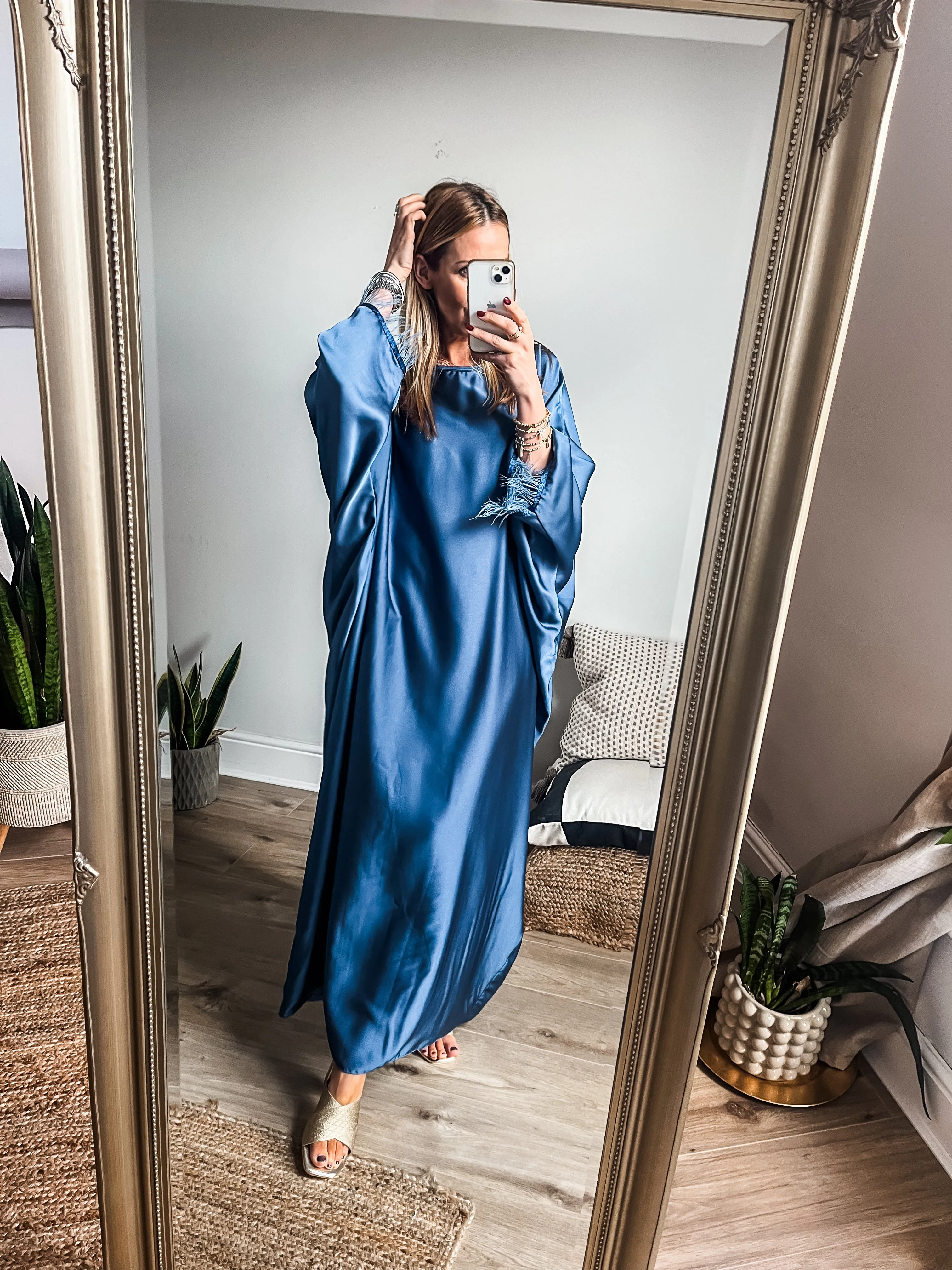 Feather Trim Satin Kaftan Maxi Dress