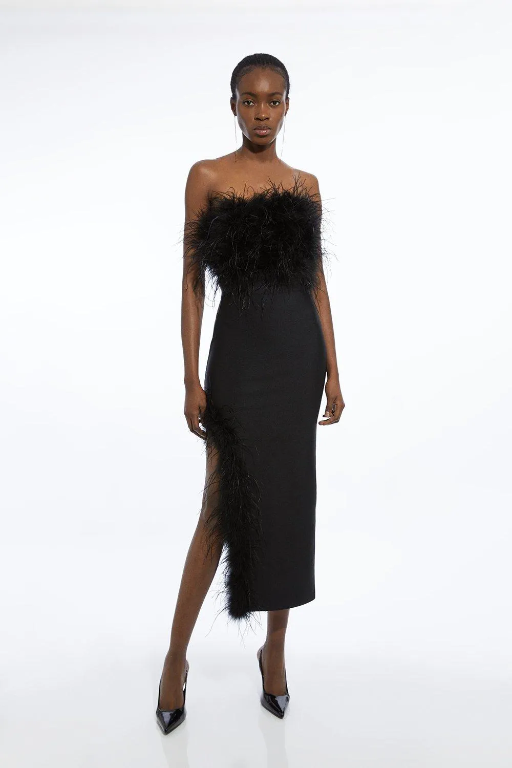 Figure Form Bandage Feather Detail Bandeau Knit Midi Dress | Karen Millen