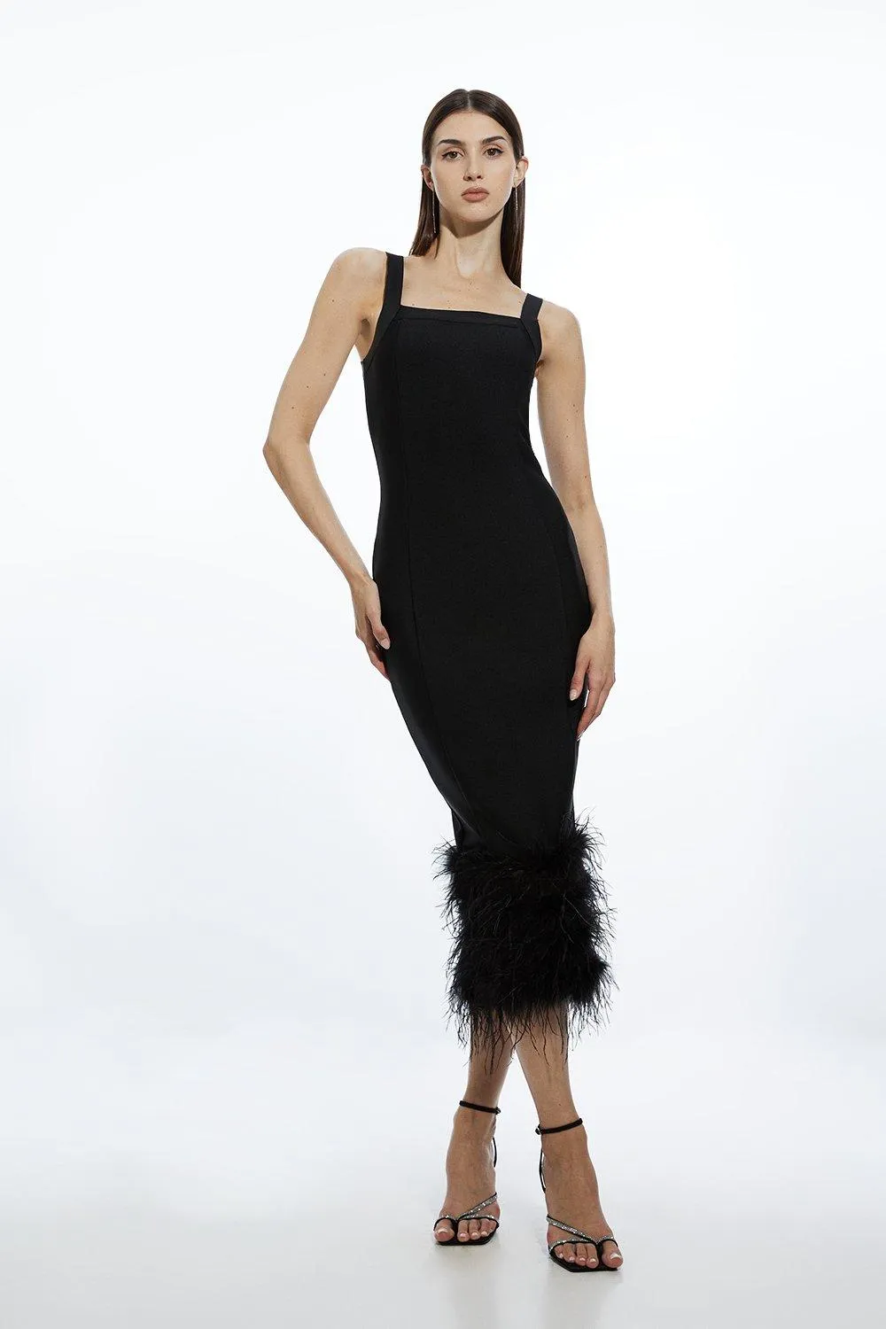 Figure Form Bandage Feather Hem Knit Midi Dress | Karen Millen