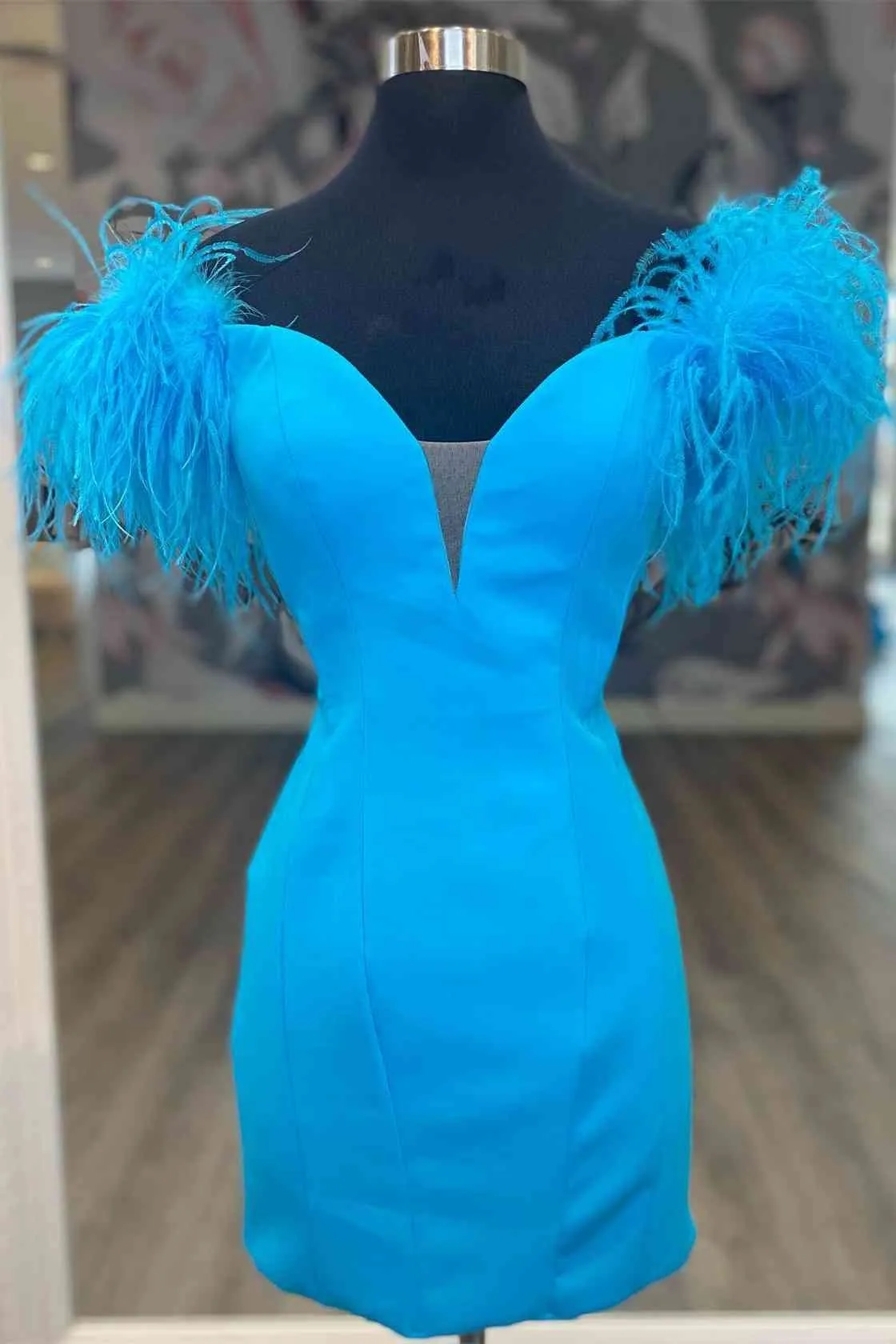 Fitted Feather Shoulder Blue Tight Homecoming Dress