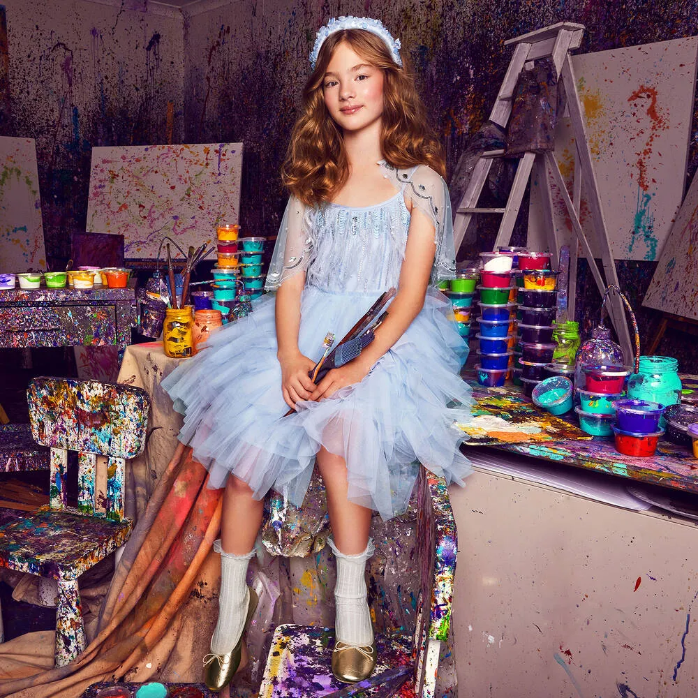 Girls Blue Sequin, Feather & Tulle Dress