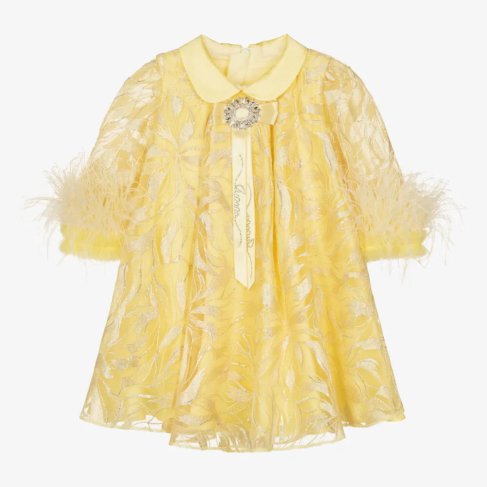 Girls Embroidered Yellow Feather Dress