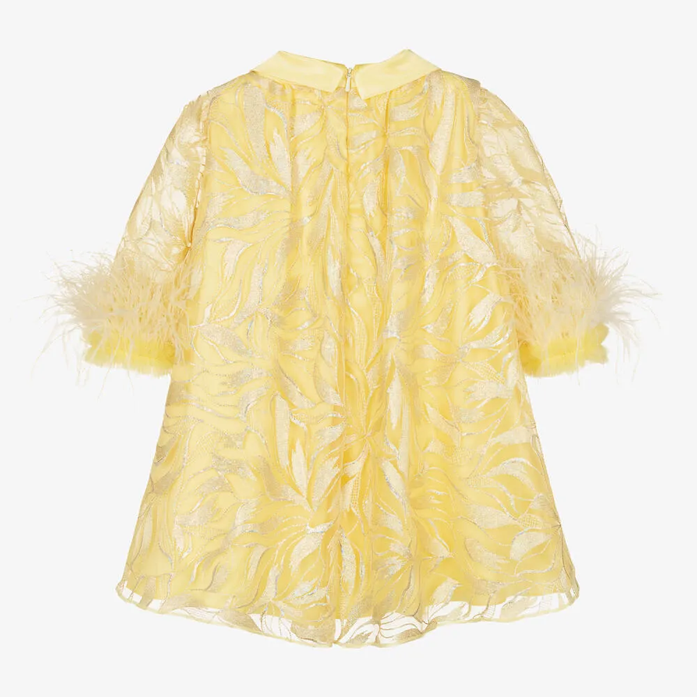 Girls Embroidered Yellow Feather Dress