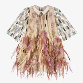 Girls Gold Sequin & Feather Dress