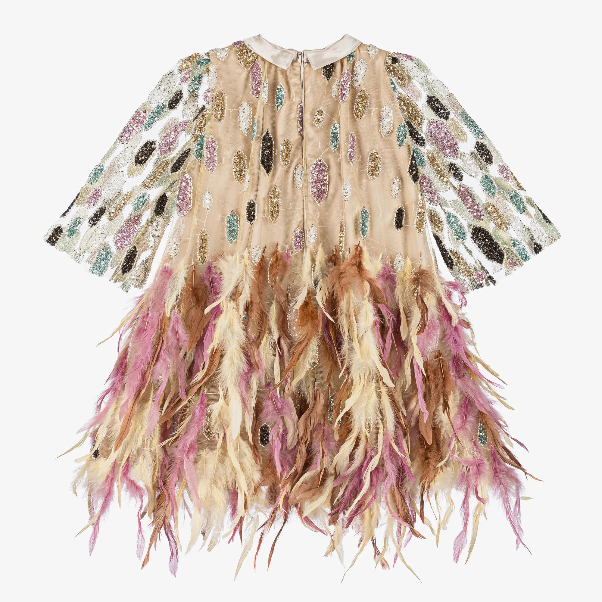 Girls Gold Sequin & Feather Dress