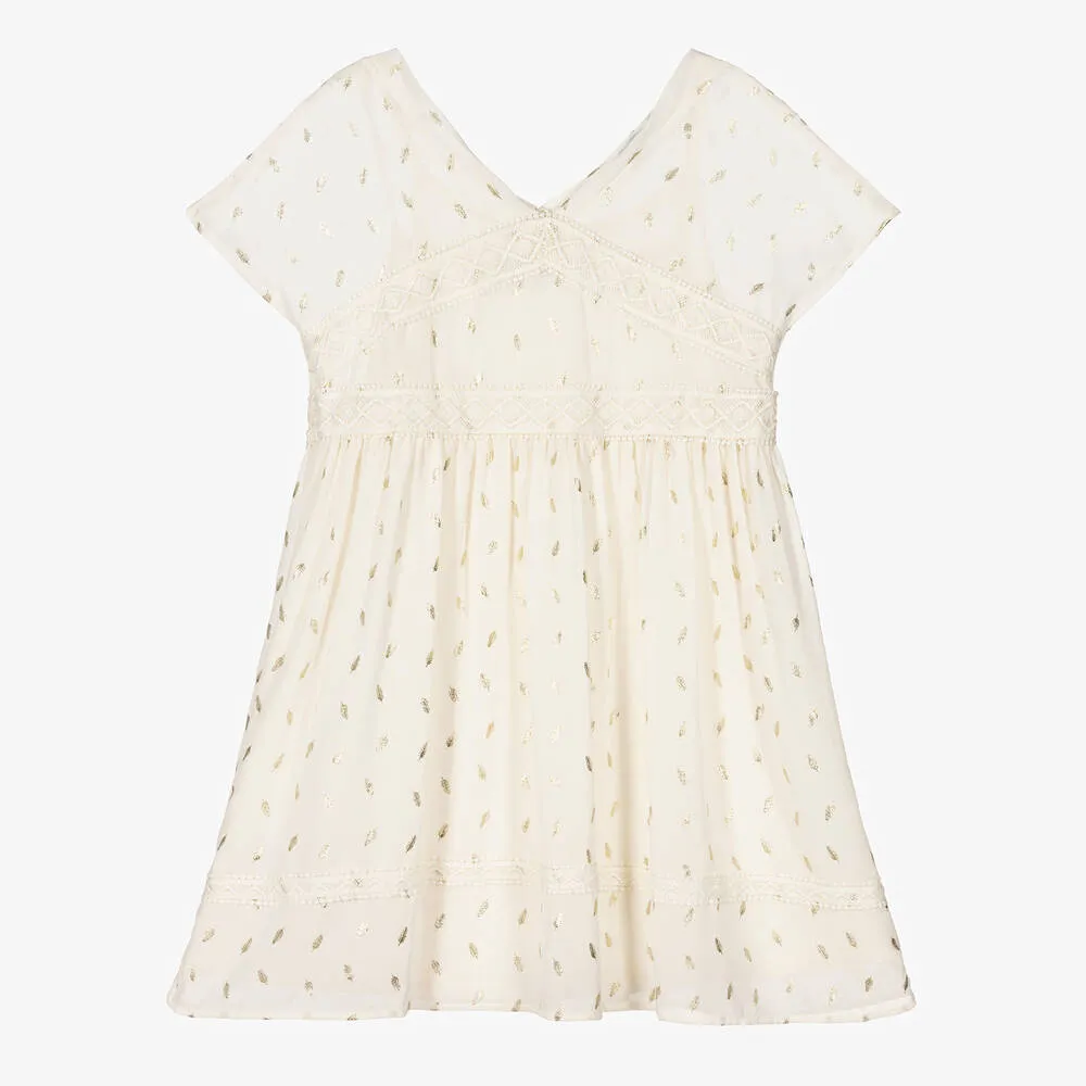 Girls Ivory & Gold Feather Chiffon Dress