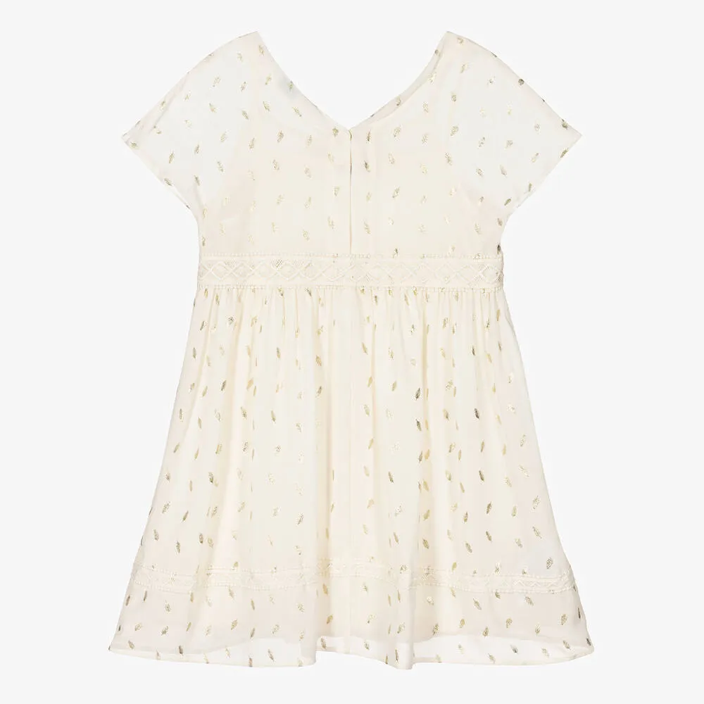 Girls Ivory & Gold Feather Chiffon Dress